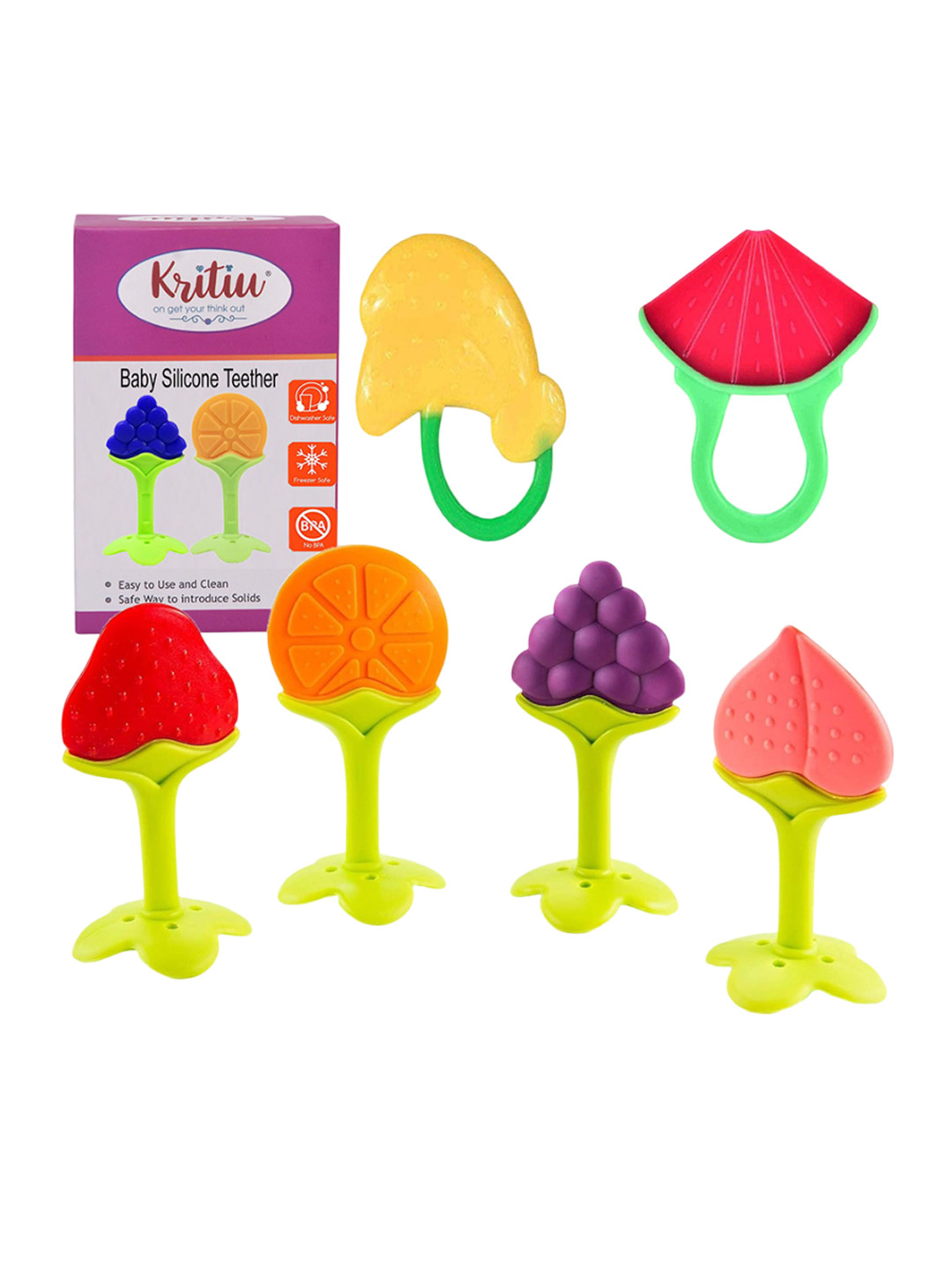 Kritiu Kids 6-Pcs Silicon Green & Yellow Fruit Shaped Silicone Teether