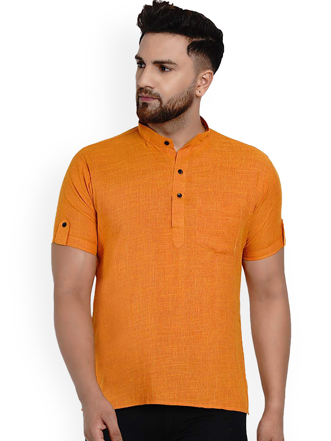 VEERA PARIDHAAN Band Collar Short Sleeves Straight Short Kurta