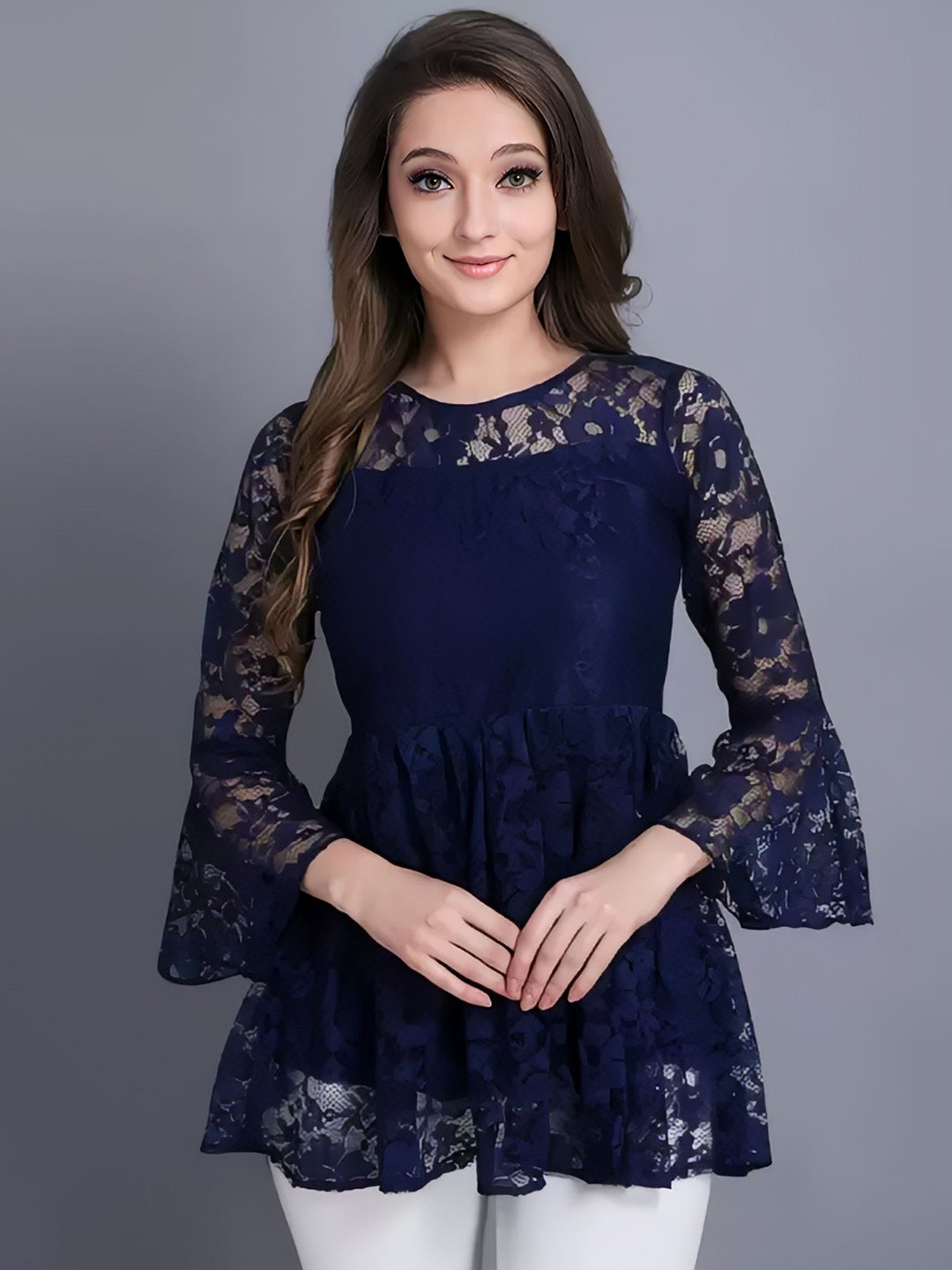 ZELZIS Women Russel Net Bell Sleeve Self-Design Tunic