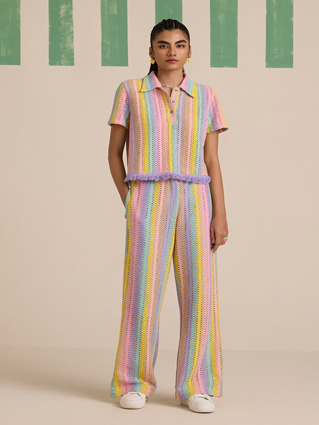 Muvazo Colour-Blocked Shirt Collar Top With Trousers Cassata Swirl Co-Ords