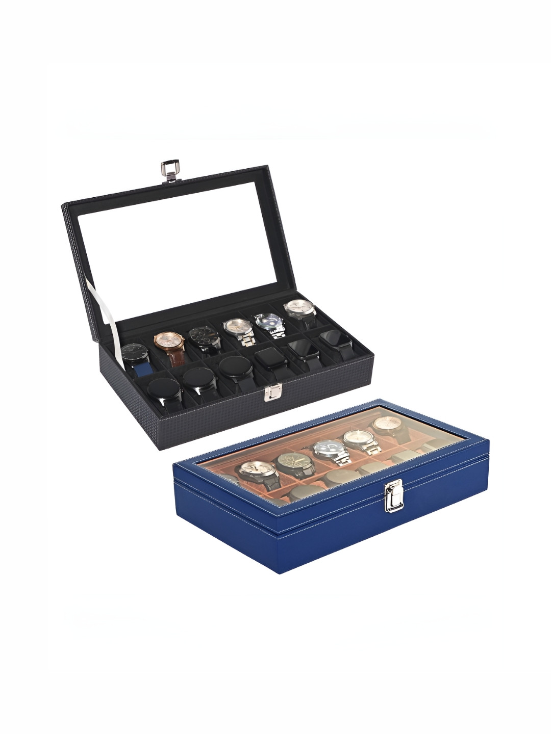 Aura Black & Navy Blue 2 Pcs Premium Faux Leather 12 Slots Wrist Watch Organiser Watch Box