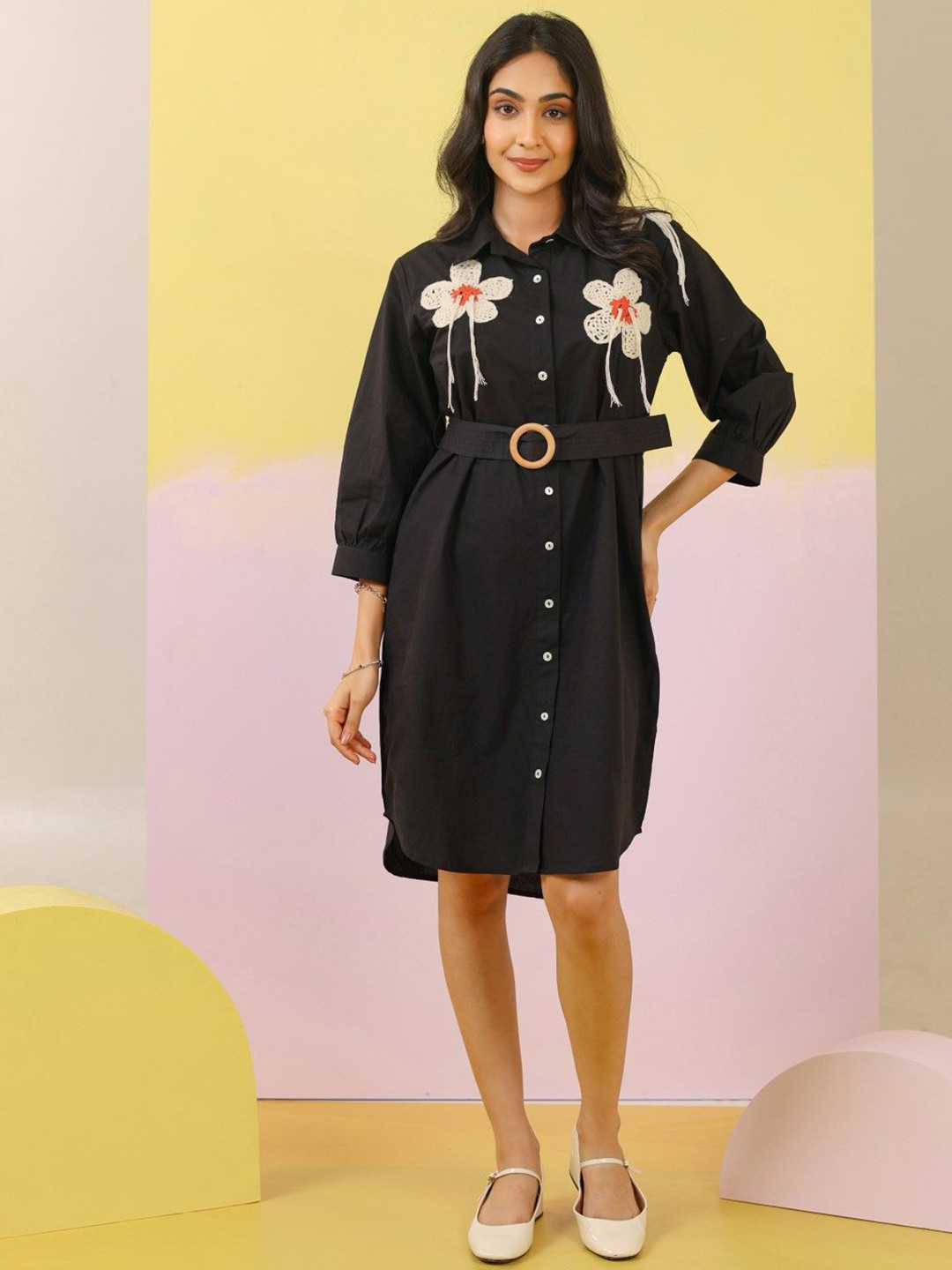 AUTUMN LANE Embroidered Pure Cotton Crochet Belted Shirt Shaped Ethnic Dress