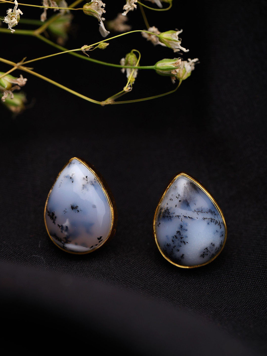Exotic India Gold-Plated Sterling Silver Teardrop Shaped Dendrite Opal Studs
