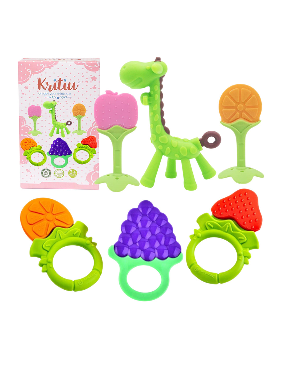 Kritiu 6-Pcs Green & Orange Fruit Shape BabyTeether