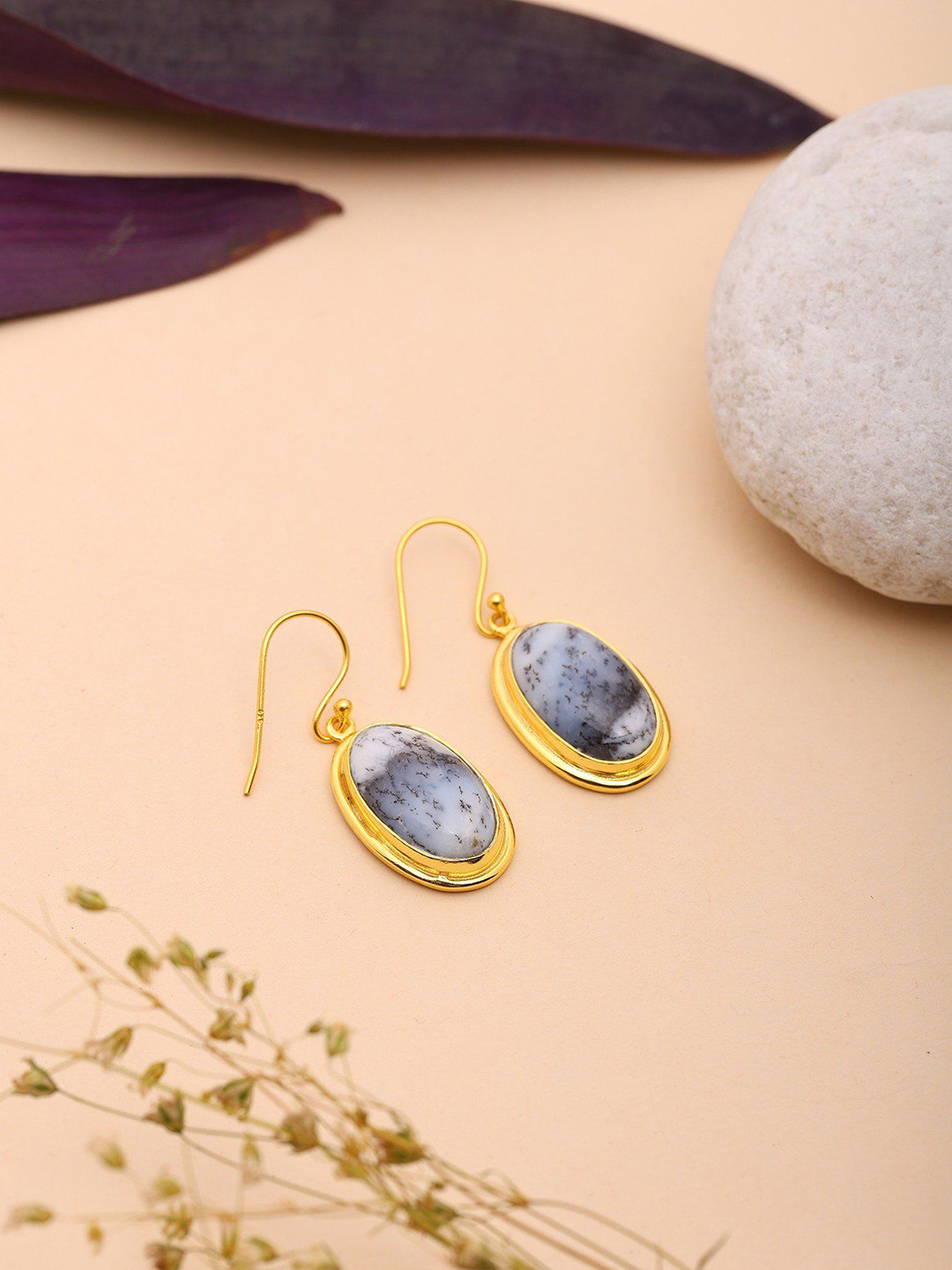 Exotic India Gold-Plated Oval Cut Dendritic Opal  Drop Earrings