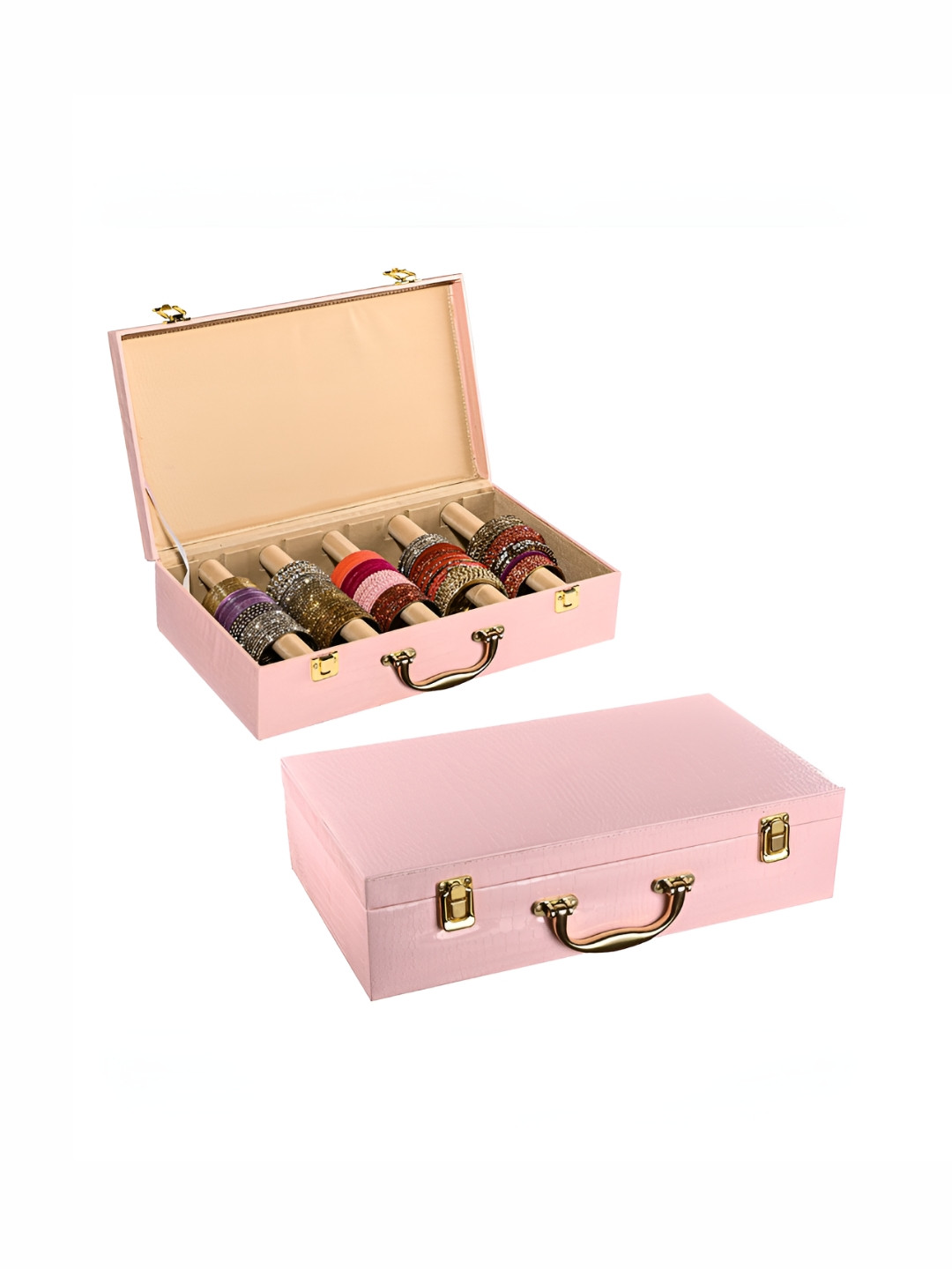 Aura Pink 2 Pcs 5 Rod Premium Leather Bangle Box Chudi Box Jewellery Organiser