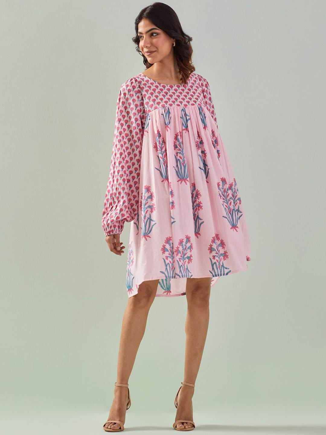 TARA-C-TARA Floral Printed Cotton Knee Length A-Line Dress