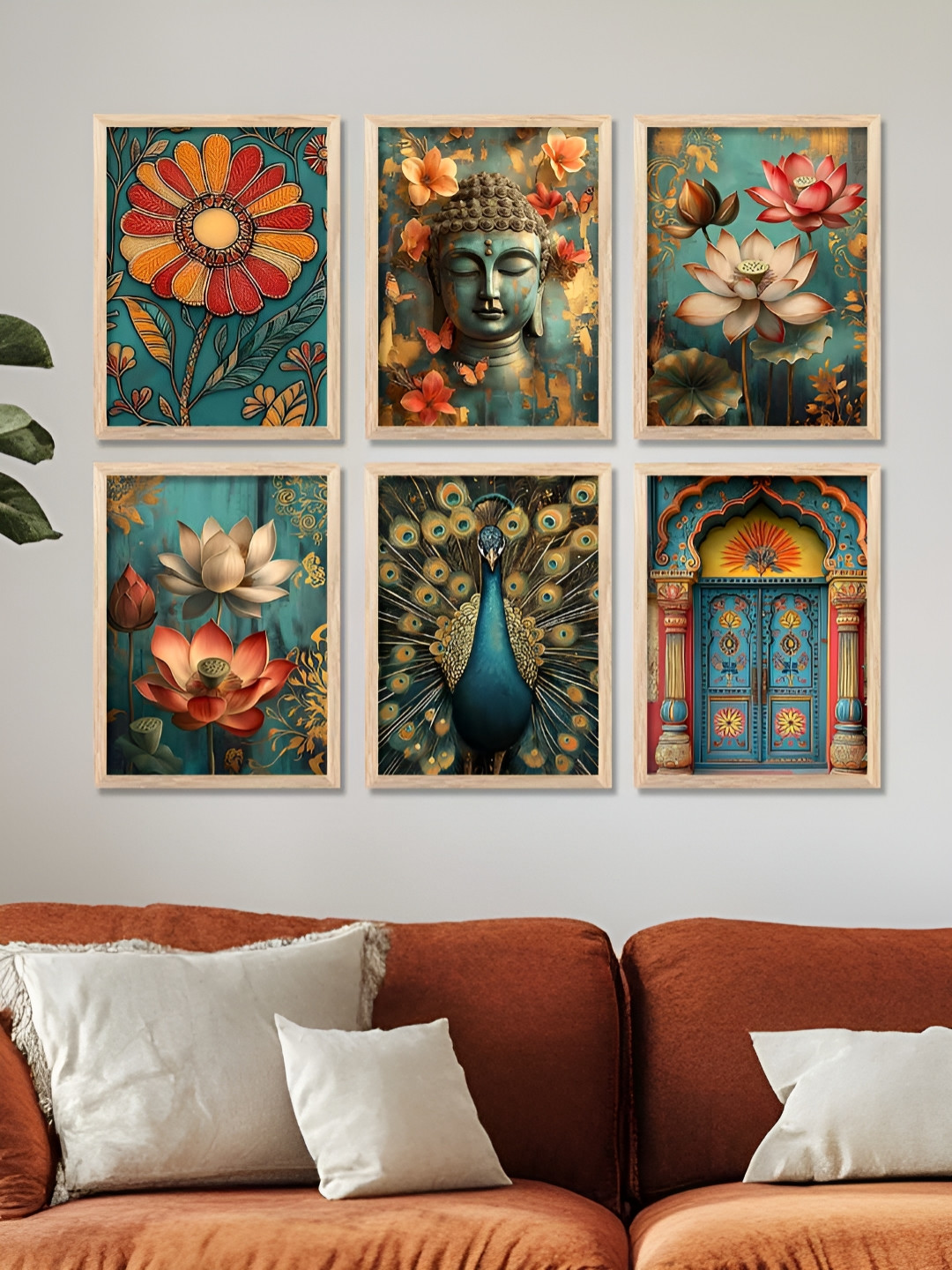 WALLLANE Brown & Blue 6 Pieces Religious Traditional Printed Wooden Wall Art