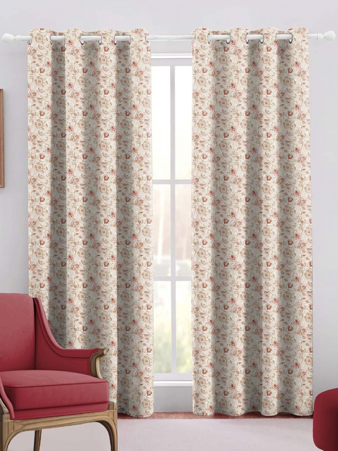 Trance Home Linen Beige & Red 2 Pieces Floral Printed Cotton Door Curtains