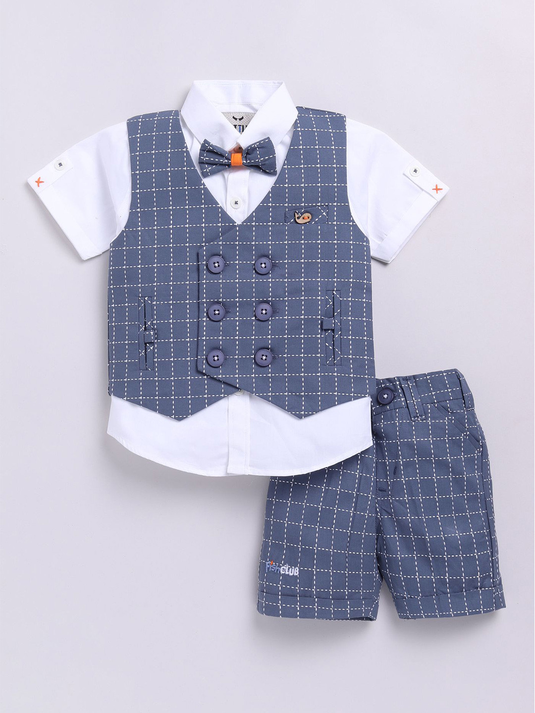 LITTLE COLLARS Boys Checked Waistcoat Half Sleeves Shirt And Pant Suit