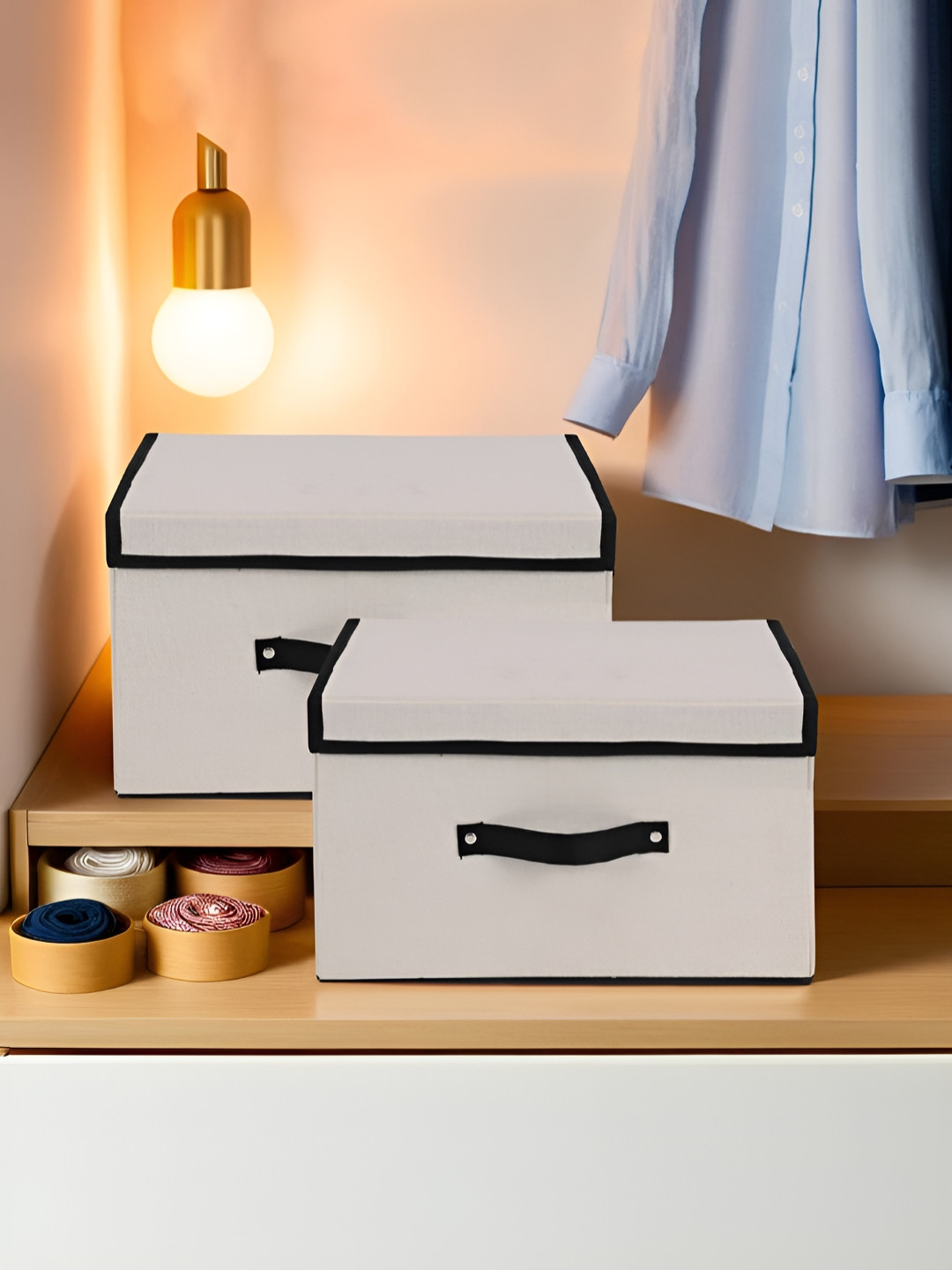 Aura White & Black 2 Pieces Clothes Drawer Organiser For Wardrobe With Lid