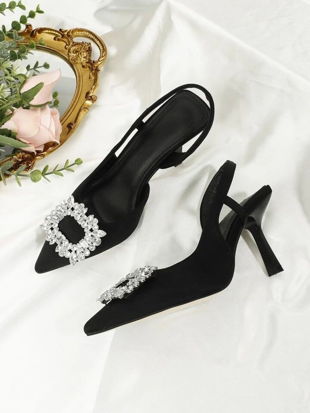PURPLEHUNT Embellished PU Slim Heeled Peep Toes