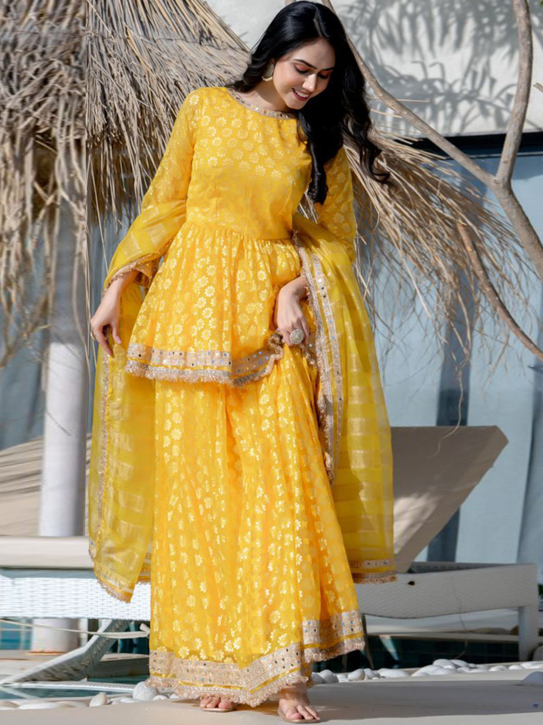 HOUSE OF JAMOTI Women Ethnic Motifs Empire Mirror Work Pure Cotton Top with Skirt & With Dupatta
