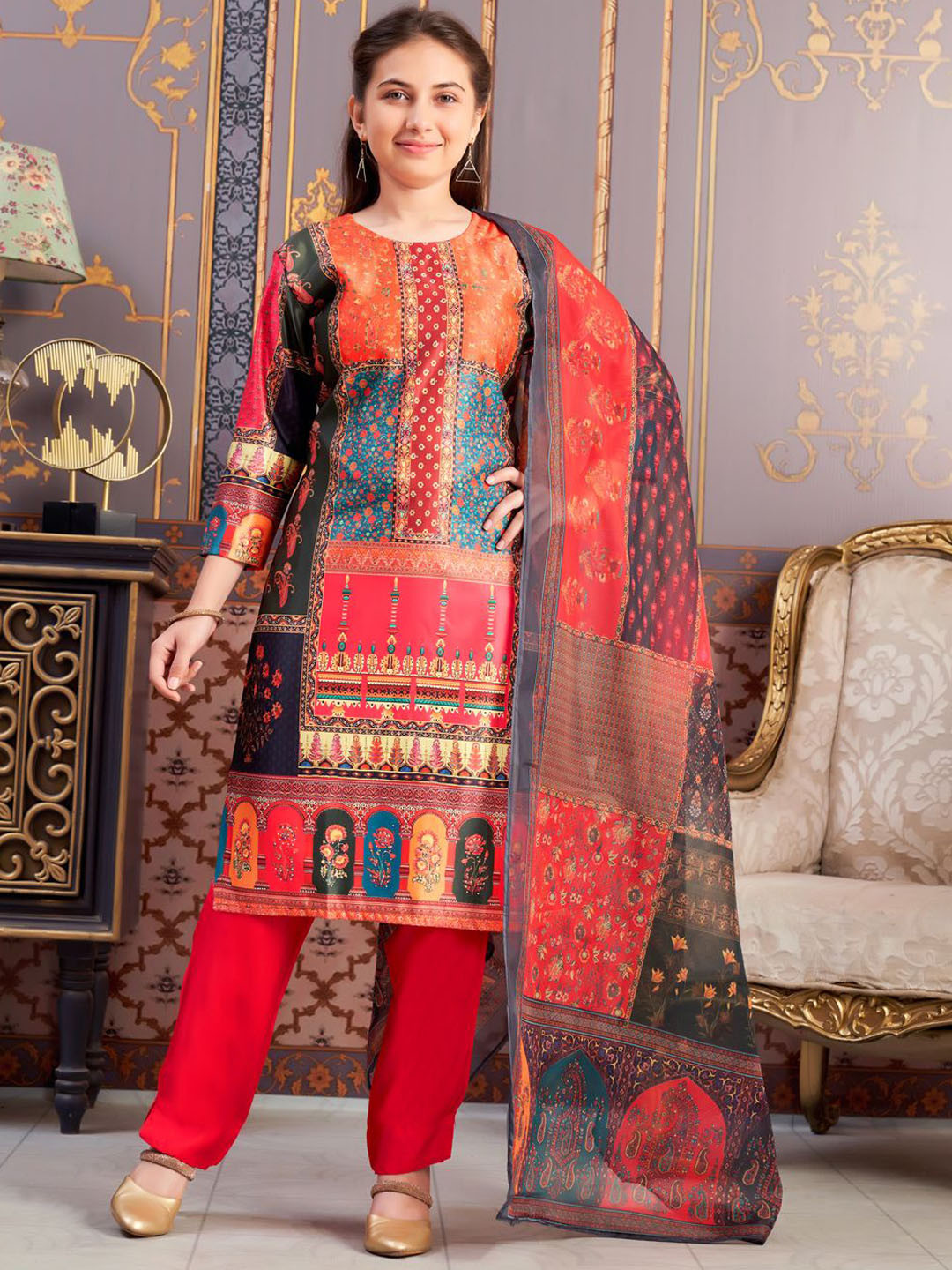 Sangria Girls Ethnic Morifs Printed Satin Straight Kurta With Trouser And Dupatta