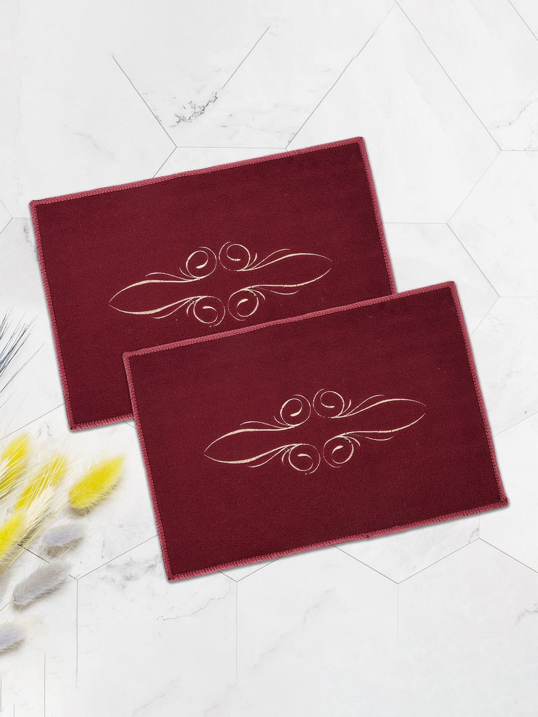 Aura 2 Pieces Maroon & Beige Embroidered Microfibre Anti-Skid Doormats