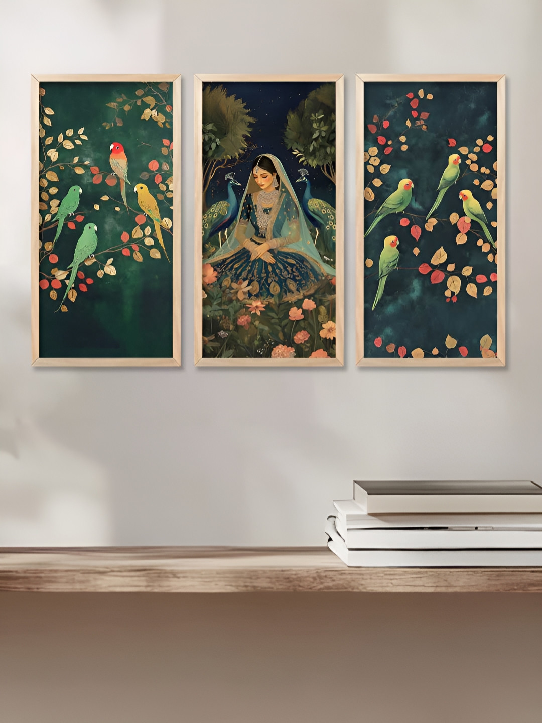 WALLLANE Green & Teal Blue 3 Pieces Floral and Botanical Wooden Wall Paintings