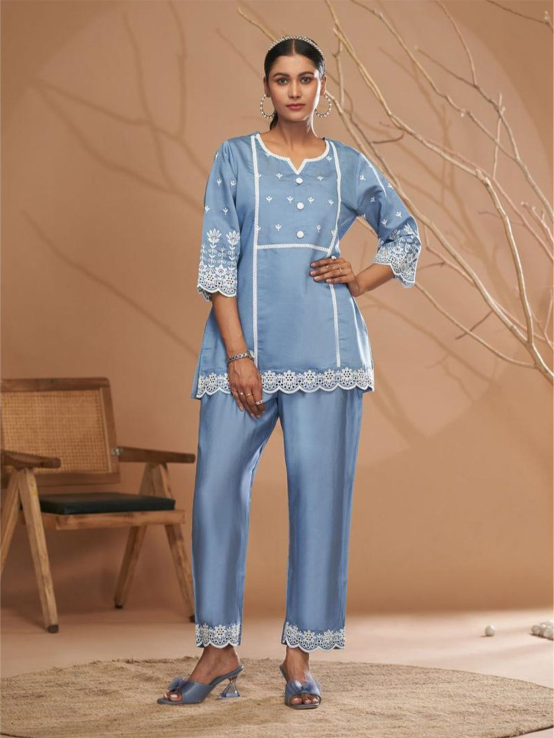AUTUMN LANE Jaideep Softblue Embroidered Tunic With Trousers Co-Ords