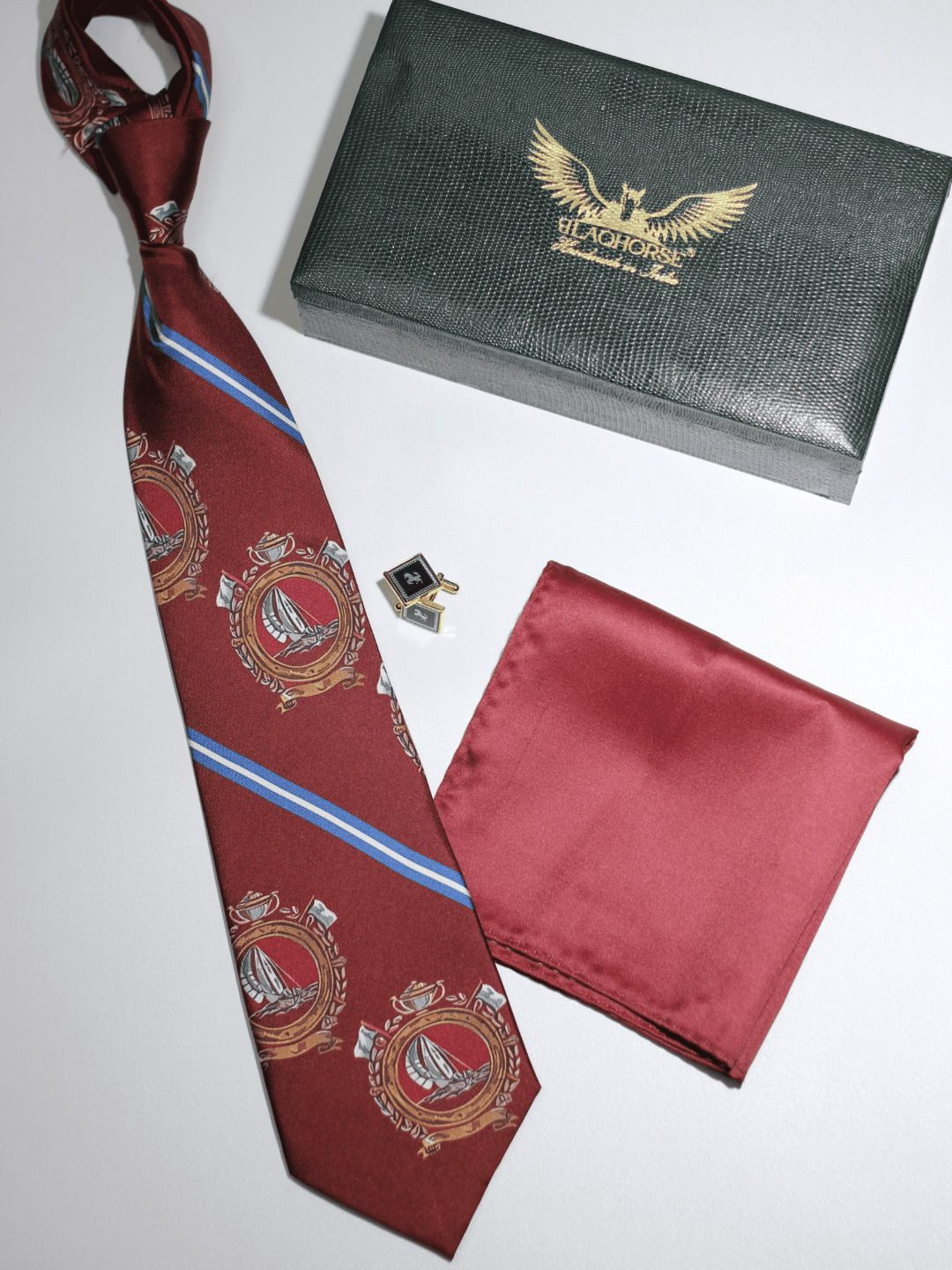 BLAQHORSE Men Geometric Patterned 3-Fold Tie Cufflink & Pocket Square Accessory Gift Set