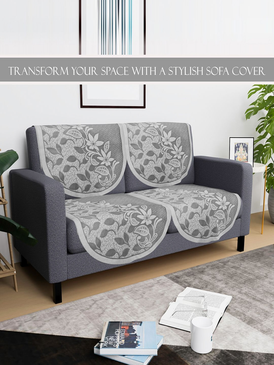 Aura Grey & White Floral Self Design 4 Pieces 2 Seater Cotton Sofa Cover