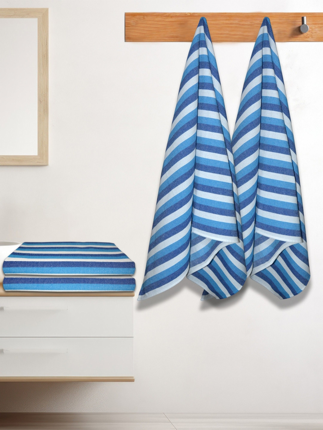 Athom Living Iris Blue and White 4 Pieces Striped Cotton 210 GSM Bath Towels