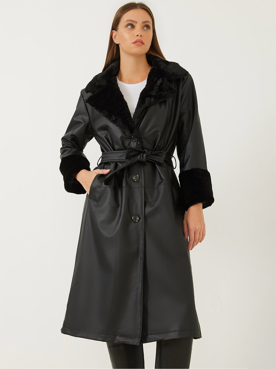 BIANCO LUCCI Women Solid Longline Bleted Overcoat