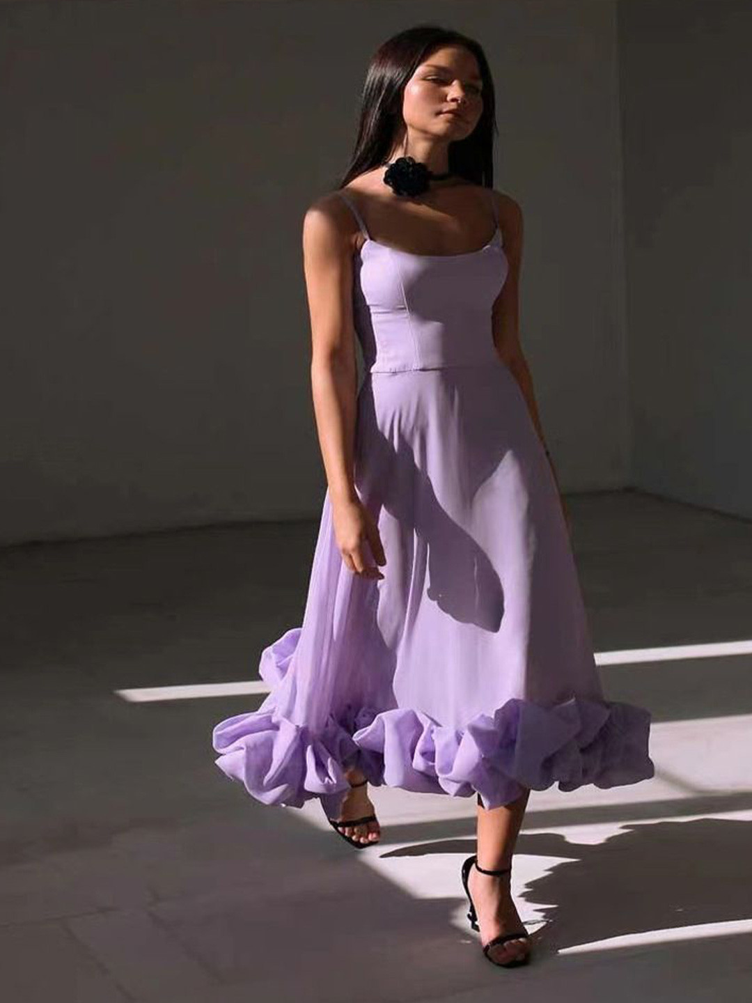 bebe Lilac Spaghetti Strap Voluminous Ruffle Hem Midi Dress