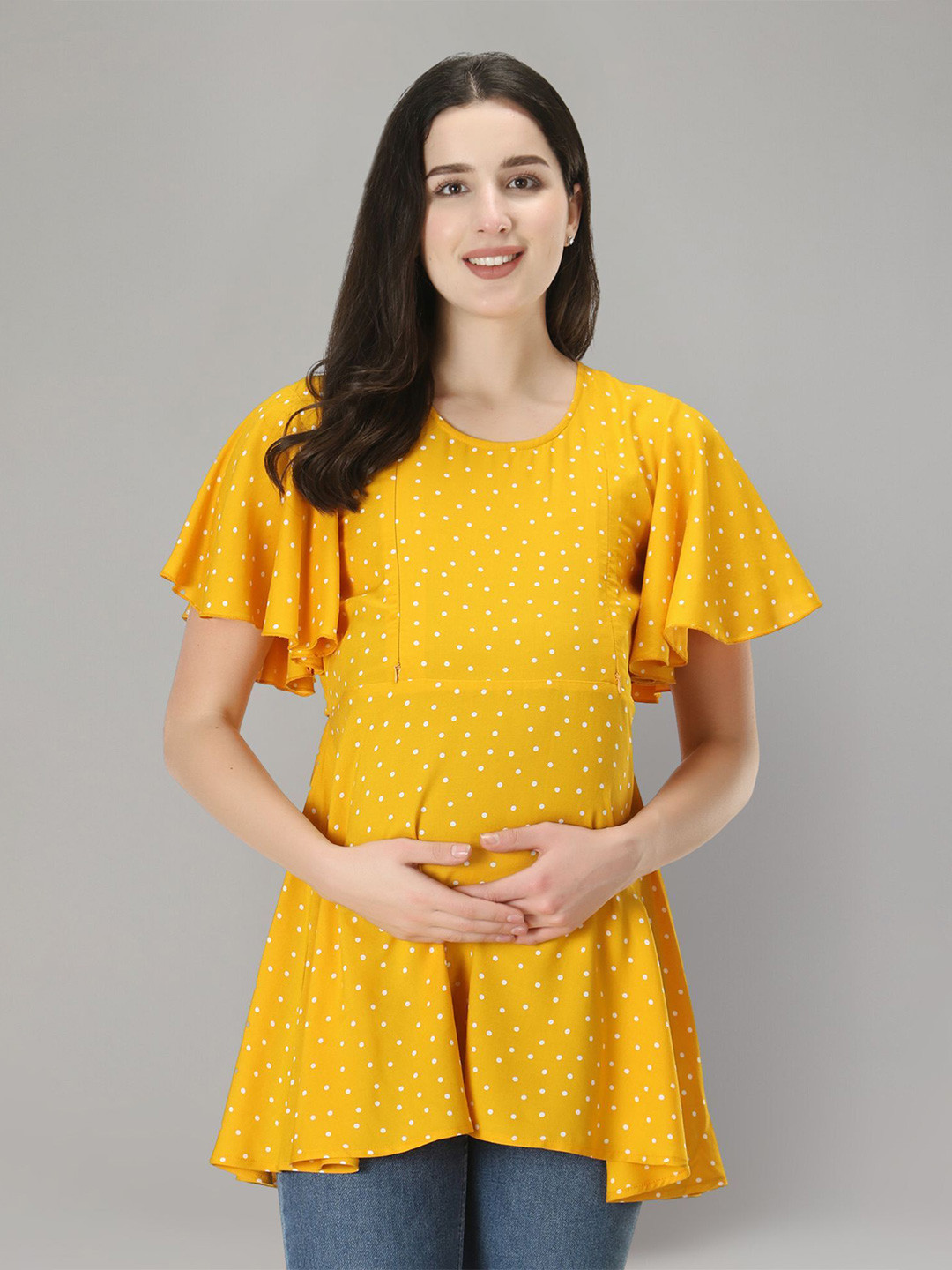 Zuvino Polka Dot Print Batwing Sleeve Longline Top