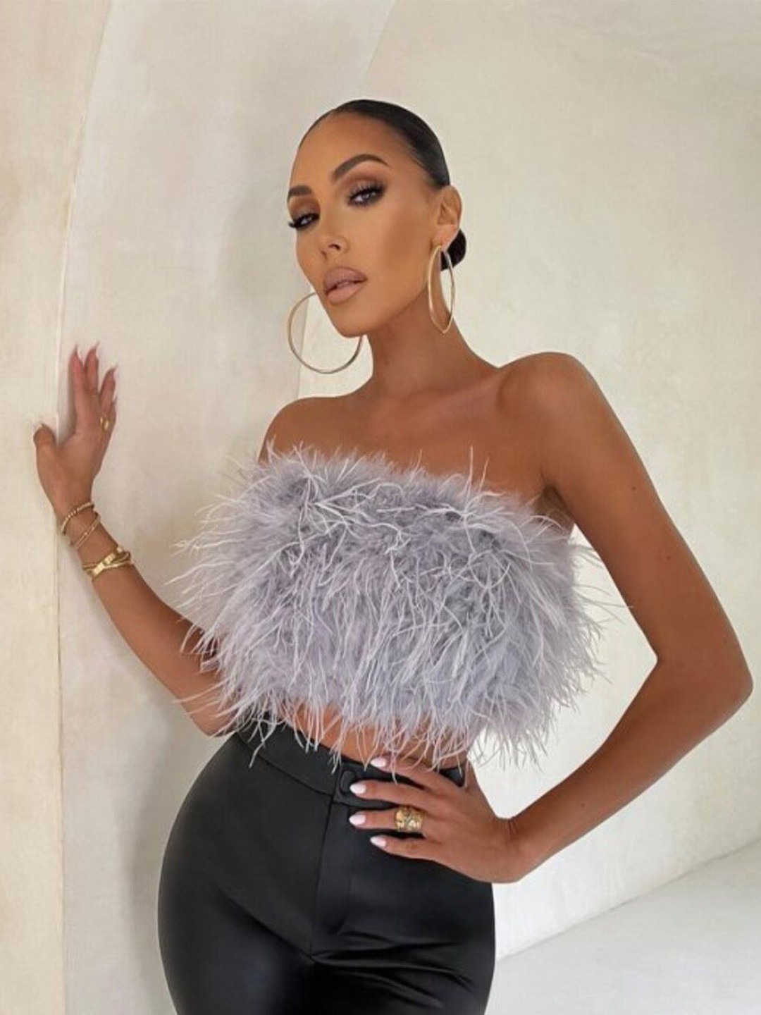 bebe Grey Faux Fur Tube Crop Top