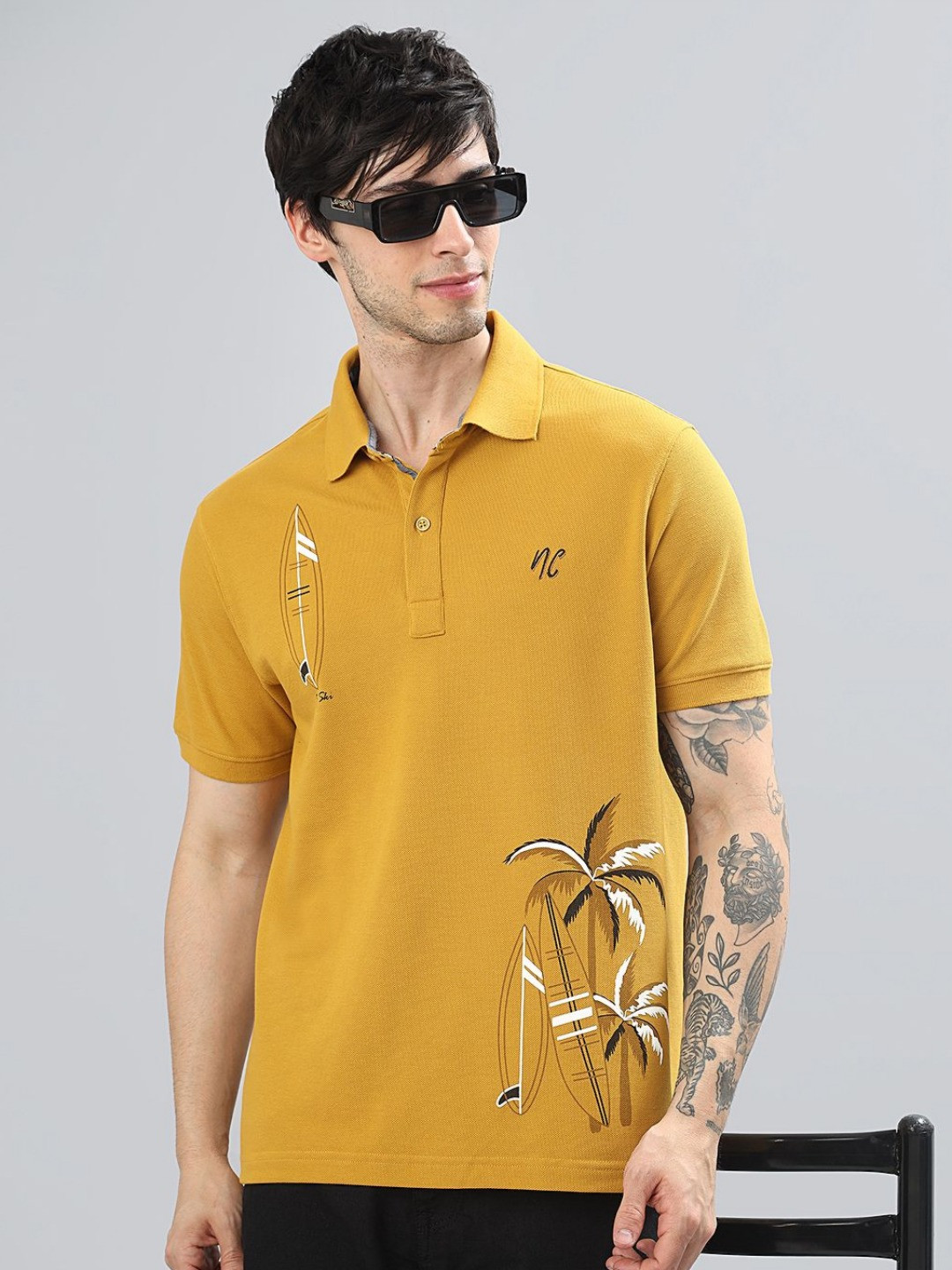 NEON CHILLIE Men Graphic Printed Polo Collar Cotton Relaxed Fit Regular Fit T-shirt