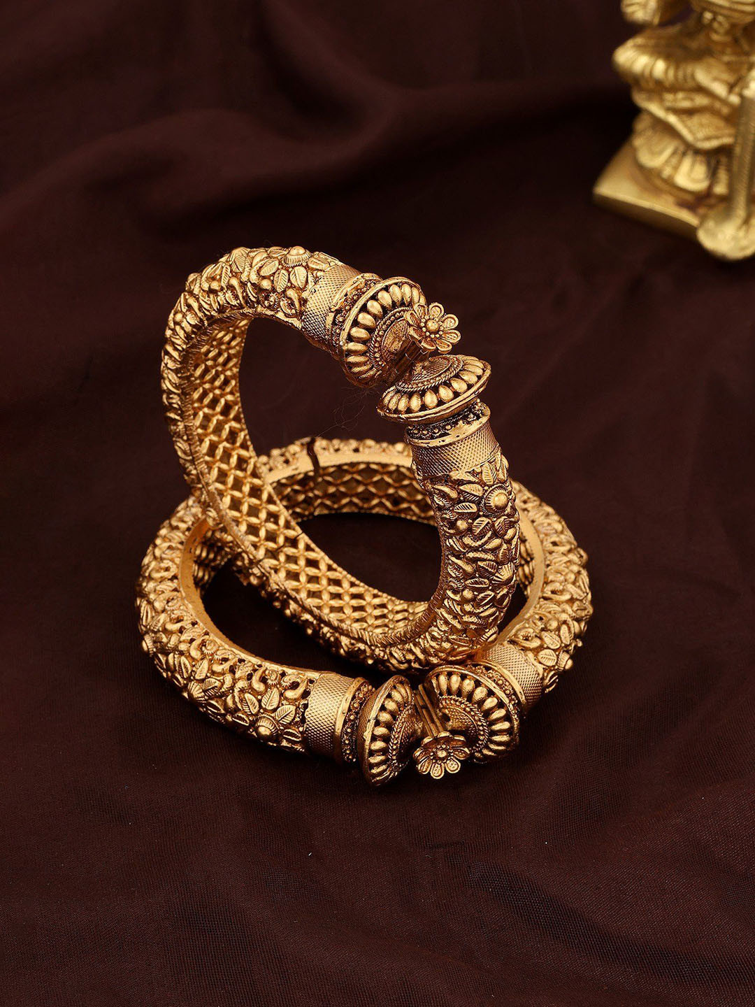 Exotic India Set Of 2 Gold-Plated Rajwadi Style Floral Design Screw Openable Bangles