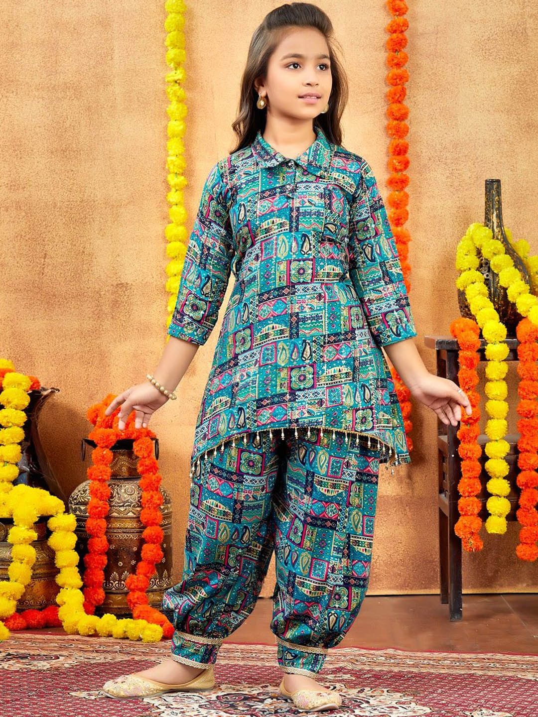 BAESD Girls Ethnic Motifs Printed Shirt Collar Cotton Straight Kurti & Patiala With Belt