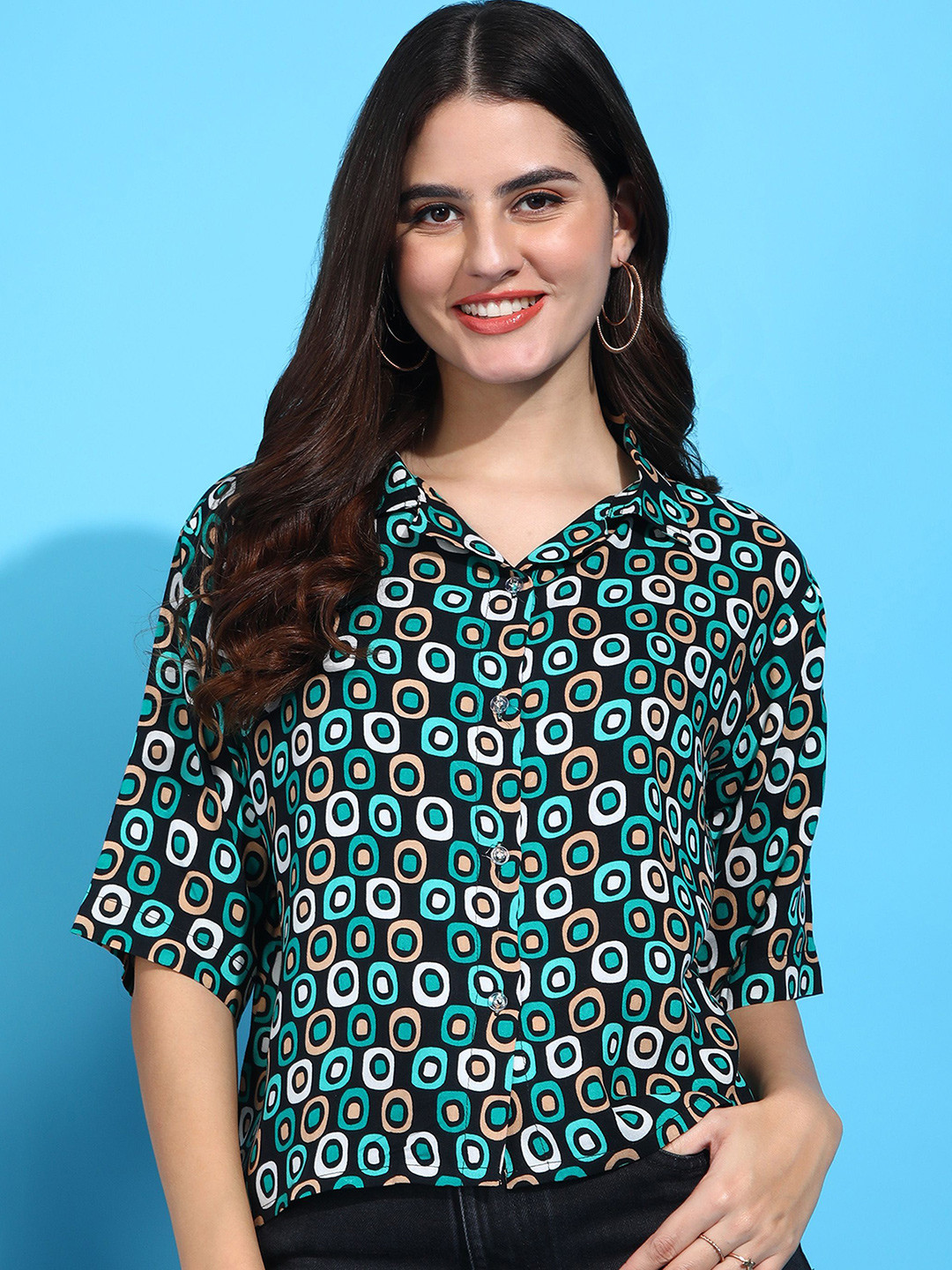 Funday Fashion Women Spread Collar Geometric Printed Cotton Casual Shirt