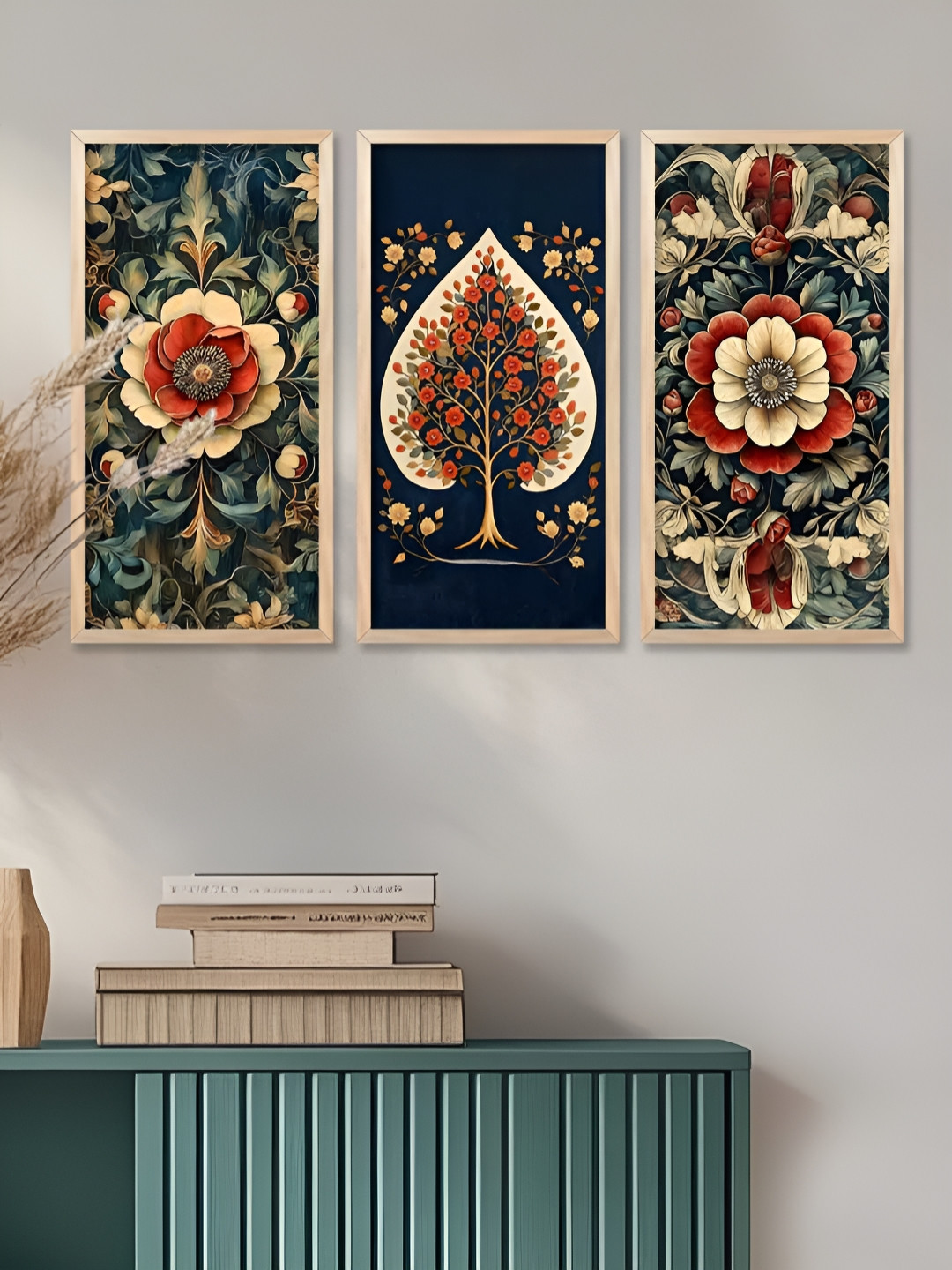 WALLLANE Navy Blue & Green 3 Pcs Floral and Botanical Traditional Printed Wooden Wall Art