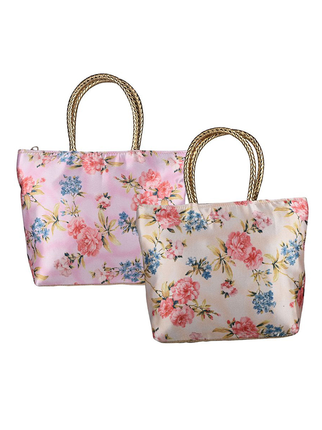 Kuber Industries 2 Pcs Pink & Golden Silk Small Hand Bag Handle & Zip Pocket Shoulder Bag