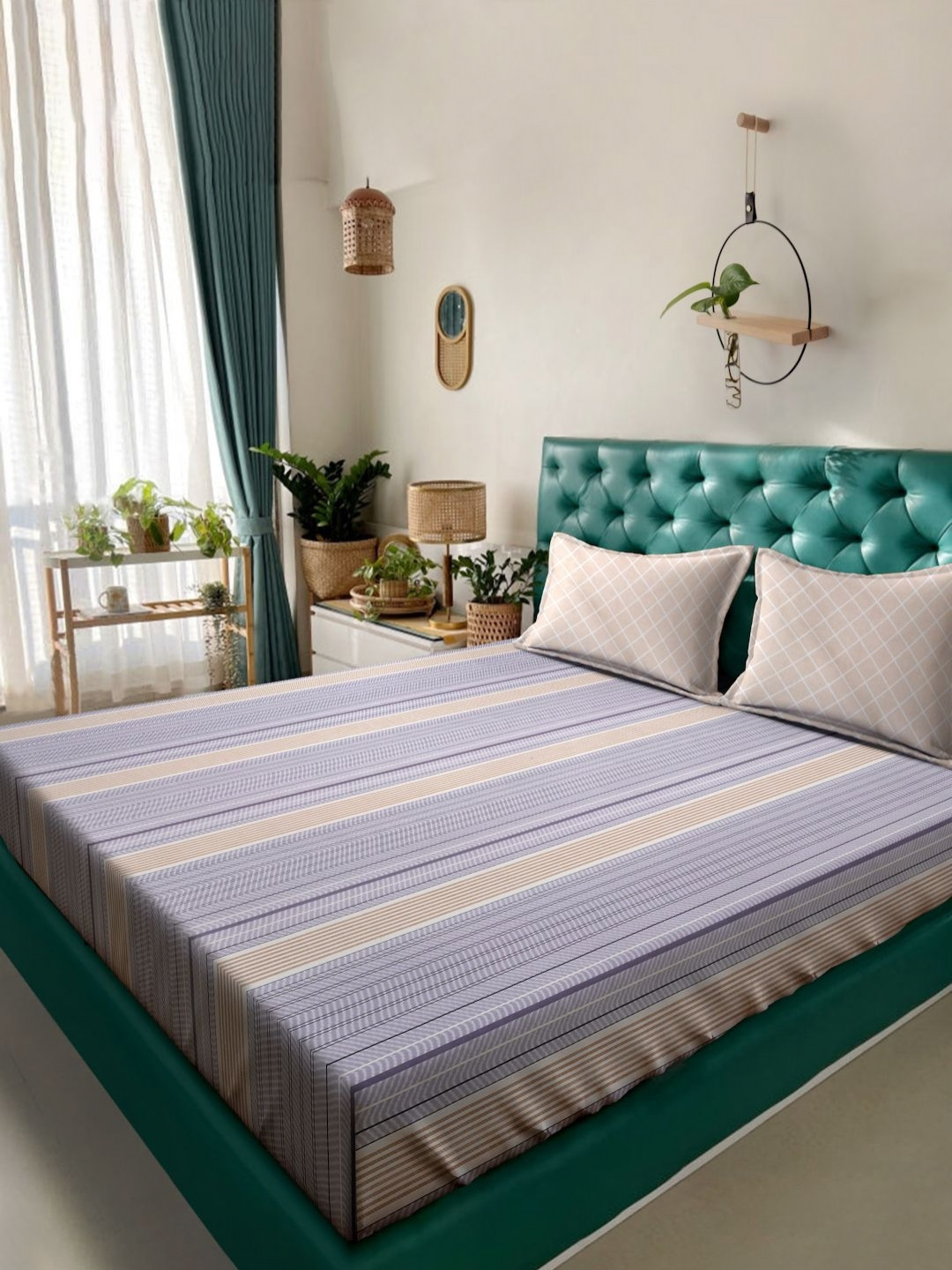 Myntra Elegant Homes Carnival Purple Striped Cotton 300 TC King Fine Bedsheet with 2 Pillow Covers-98 x 89 inches
