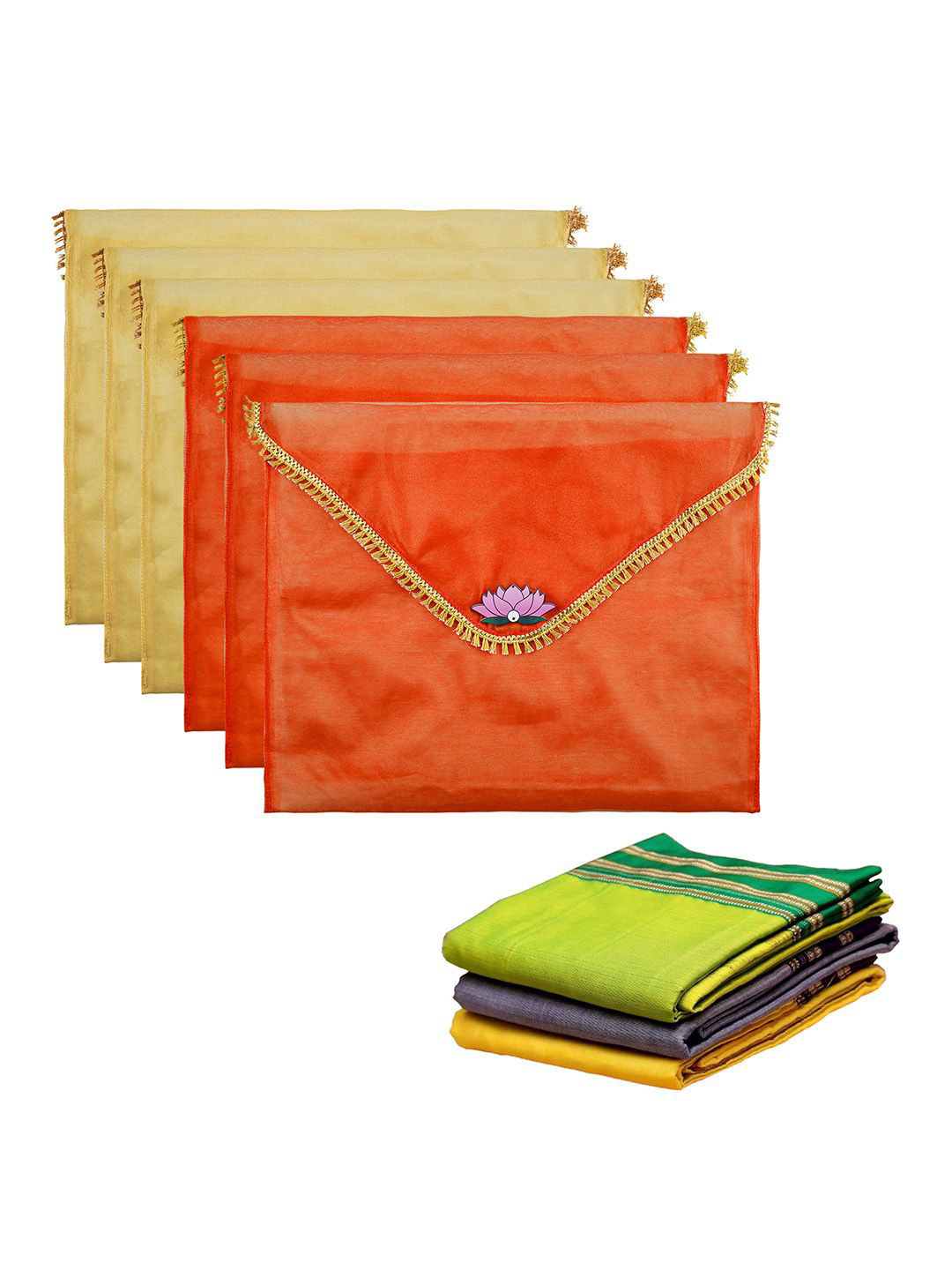Kuber Industries Orange 6 Pieces Organza Multi-Utility Organisers With Flap Closure