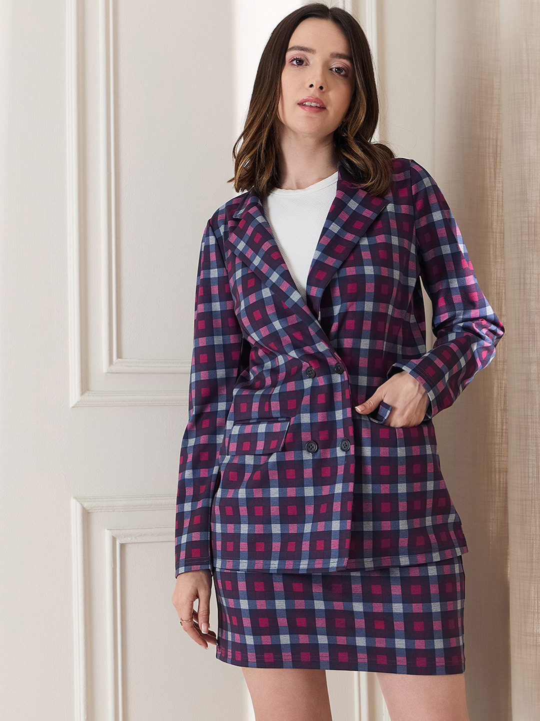 Berrylush Checked Long Sleeves Blazer With Skirt & Top