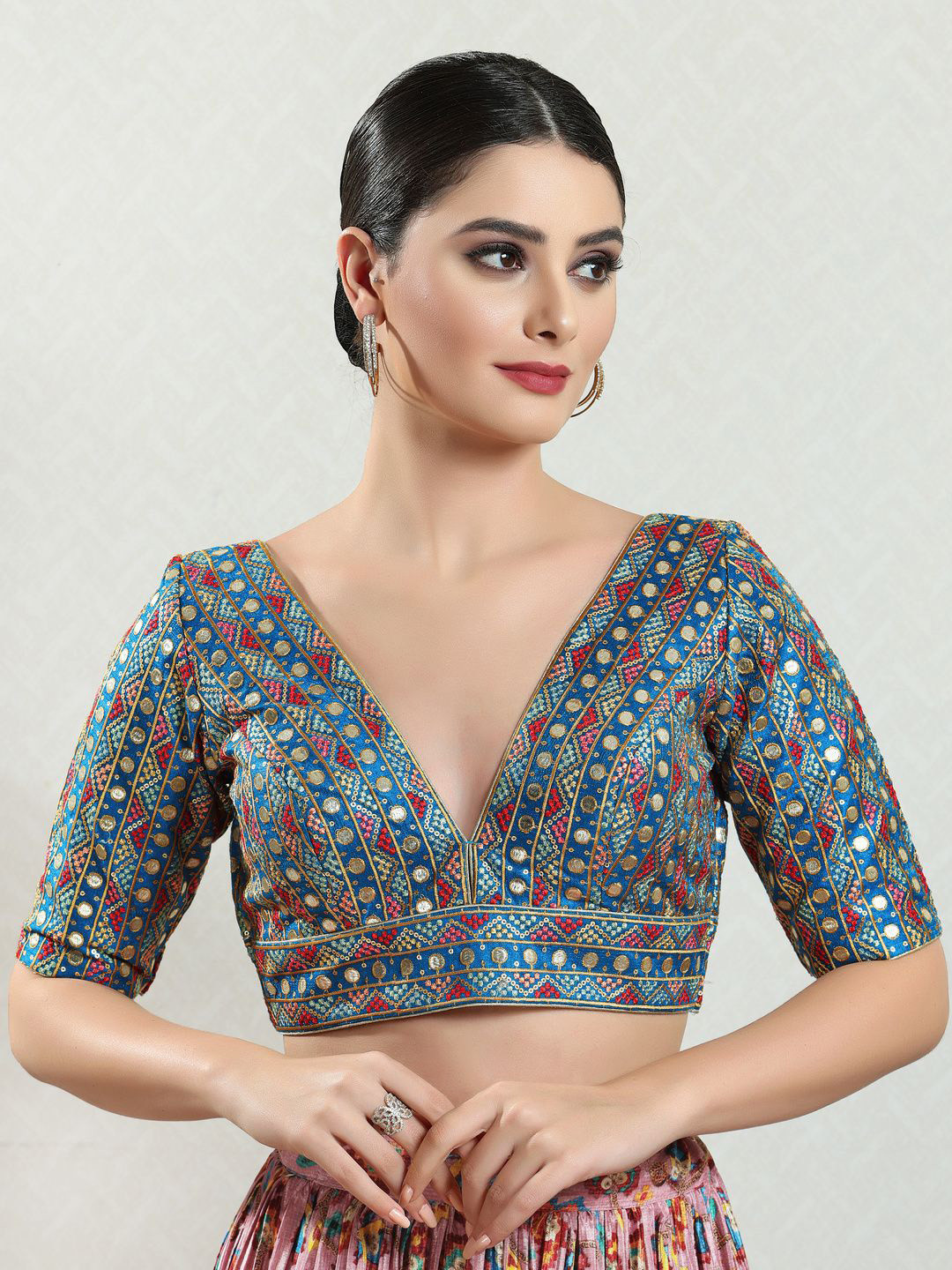VAMAS - THE DESIGNER BLOUSES Mirror Work Embellished Silk V-Neck Padded Saree Blouse