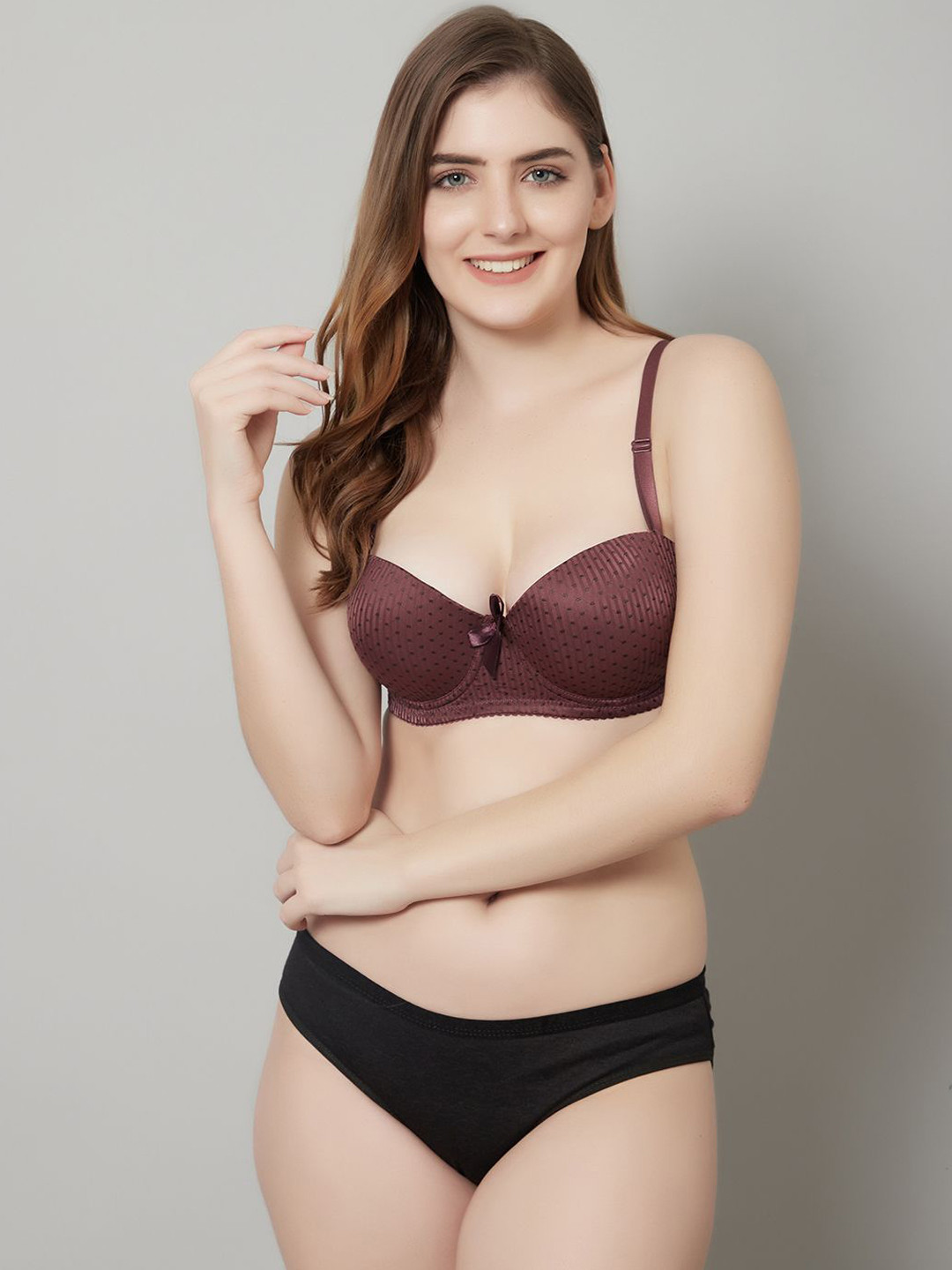 Quttos Women Polka Print Lightly Padded Balconette Lingerie Set QT-SET-6088-BRN-30C