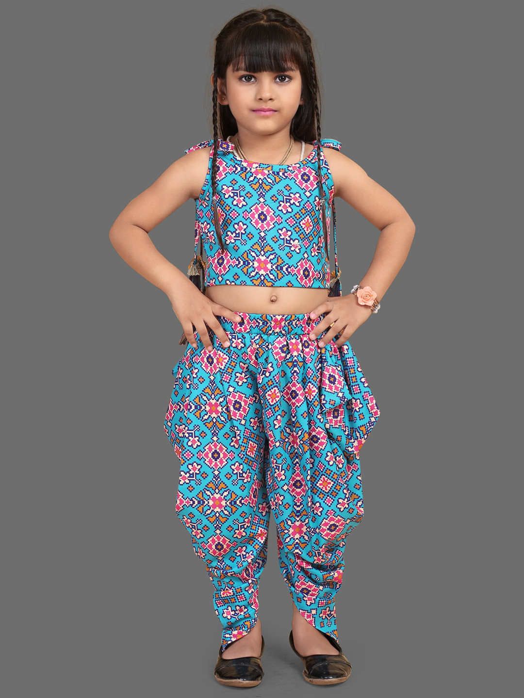 JOVK DESIGN Girls Printed Crop Top & Dhoti Pant Clothing Set