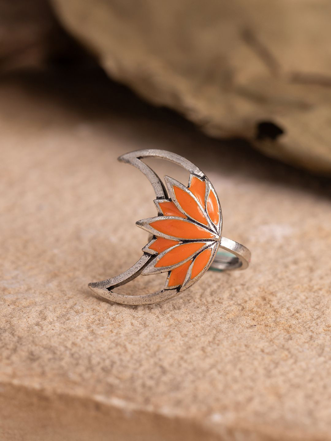 Voylla Boho Tribe Moonlit Lotus Oxidised Enamel Ring