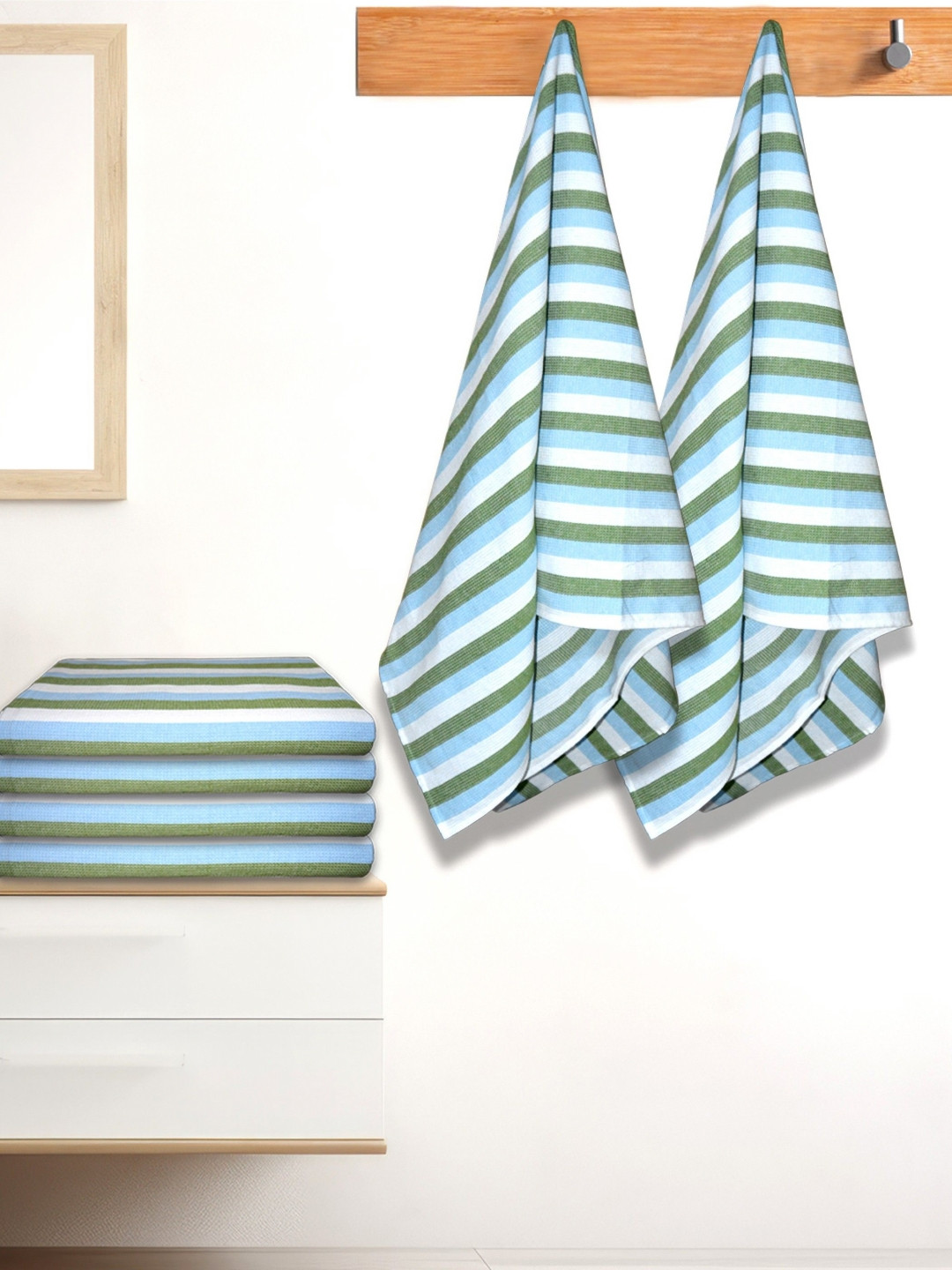 Athom Living Iris Green and White 6 Pieces Striped Cotton 210 GSM Bath Towels