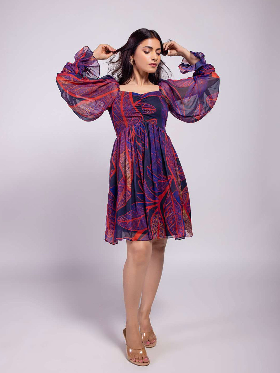 POPPI Foliage  Women Cotton Sweetheart Neck Floral Printed Empire Dress