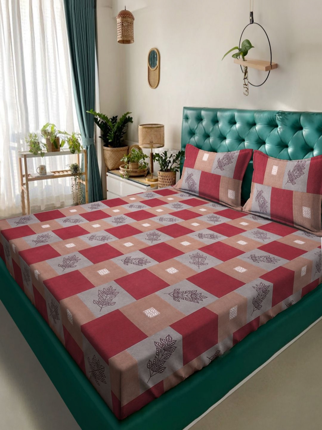 Myntra Elegant Homes Red Geometric Cotton 300 TC King Bedsheet with 2 Pillow Covers-98 x 89 inches