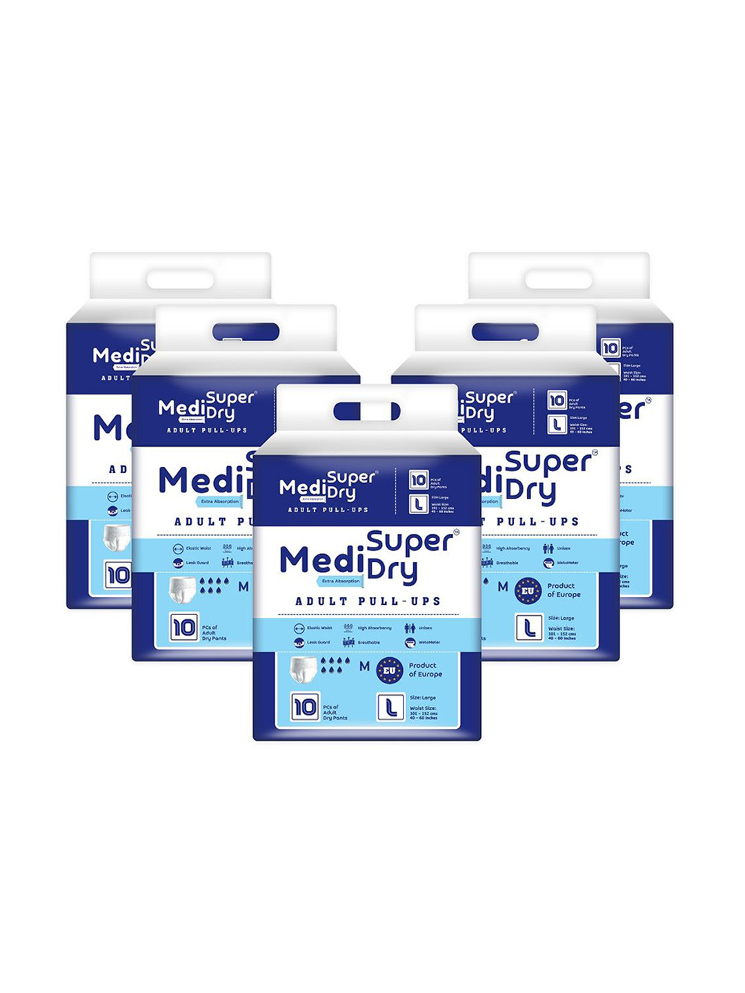 MEDISUPERDRY Set Of 5 Adult Pull Ups Rash Free Diapers - L - 10 Pcs Each