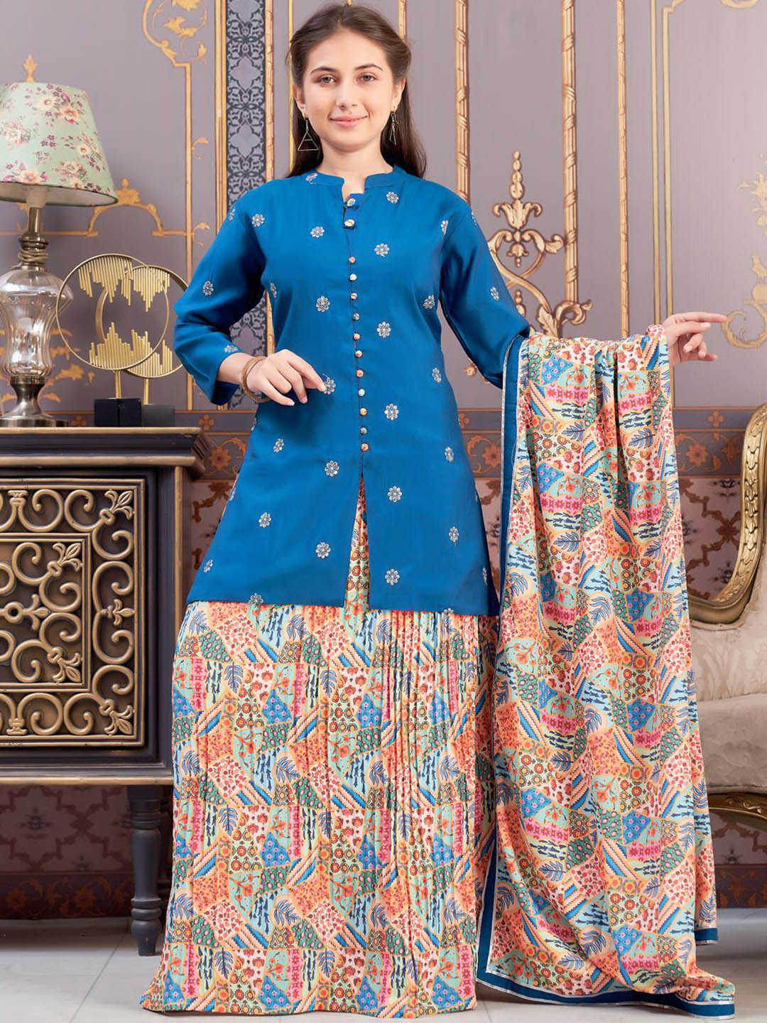 Sangria Girls Embroidered Mandarin Collar Pure Silk Kurti With Skirt And Dupatta