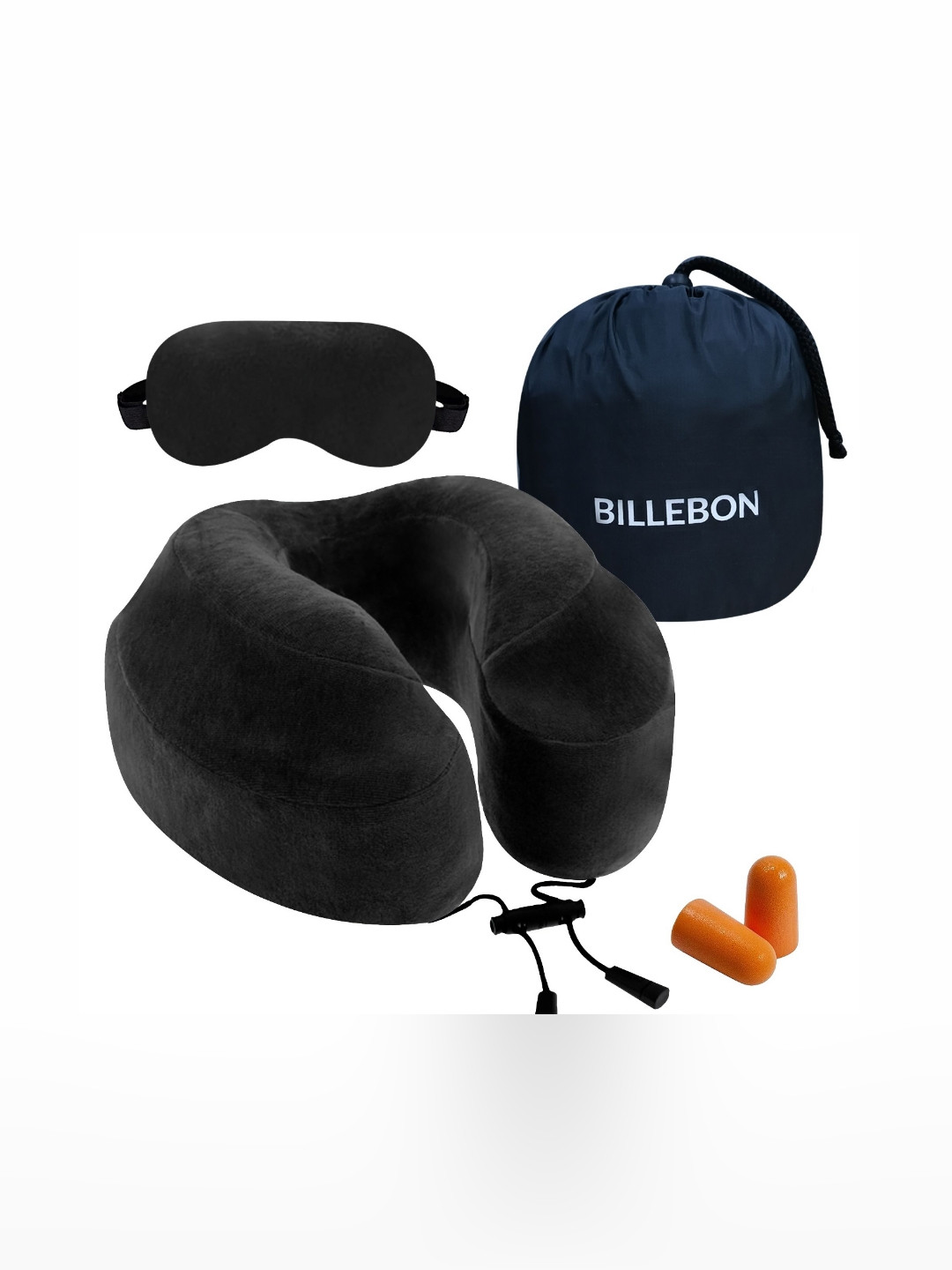 BILLEBON Black Solid Polycotton Breathable Firm Memory Foam Travel Pillow-11.43 x 27.94 x 25.4 cm