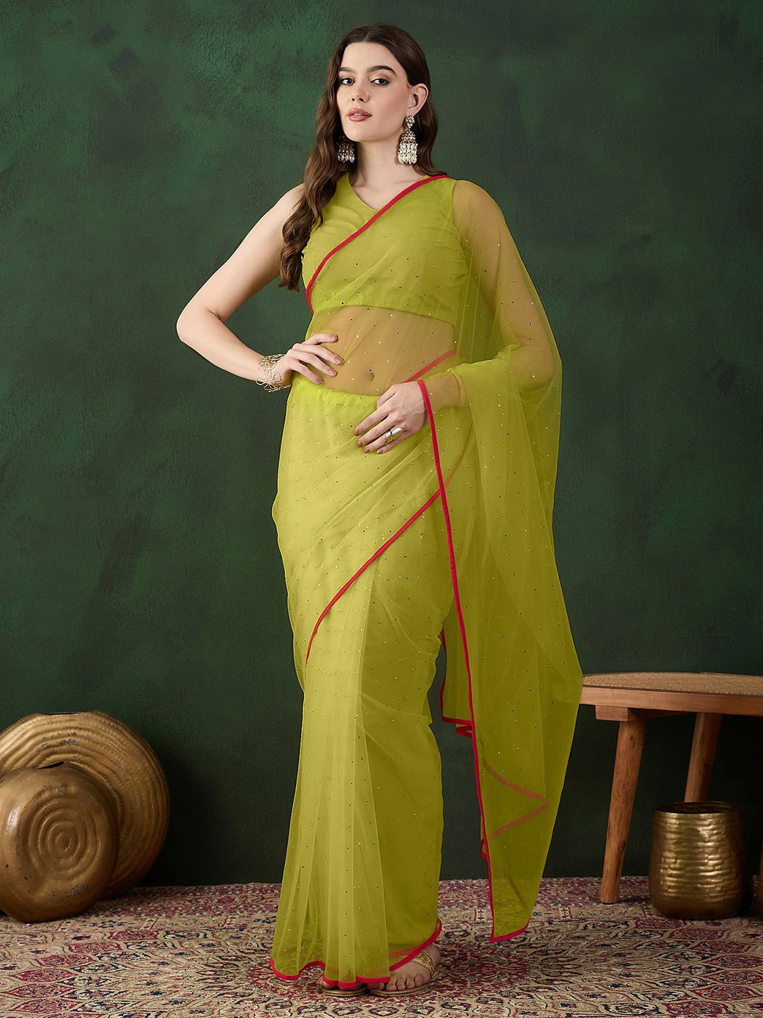 Sangria Mukaish Work Embellished Saree With Unstitched Blouse