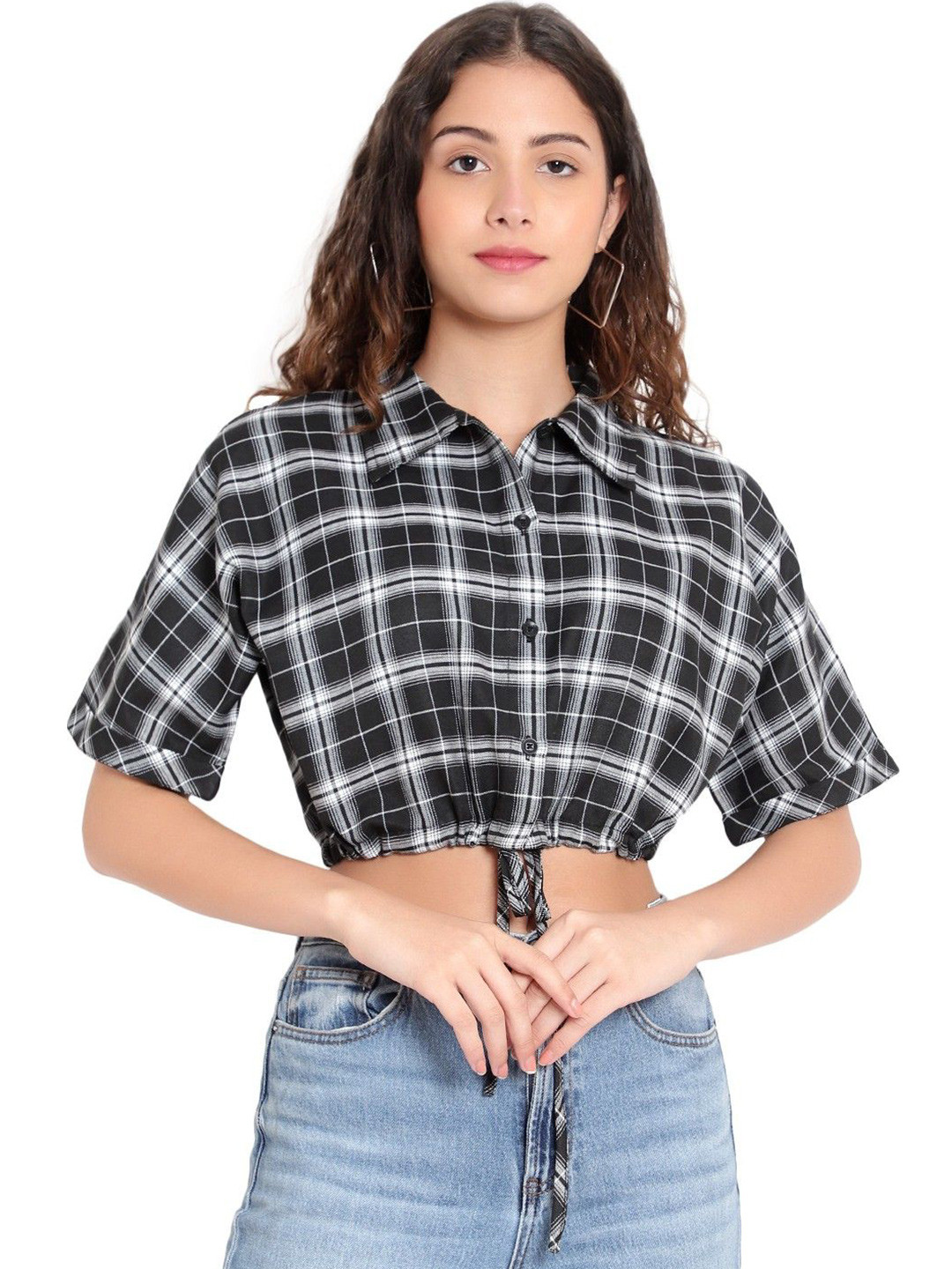 High Skyzz Checked Extended Sleeves Cotton Shirt Style Crop Top