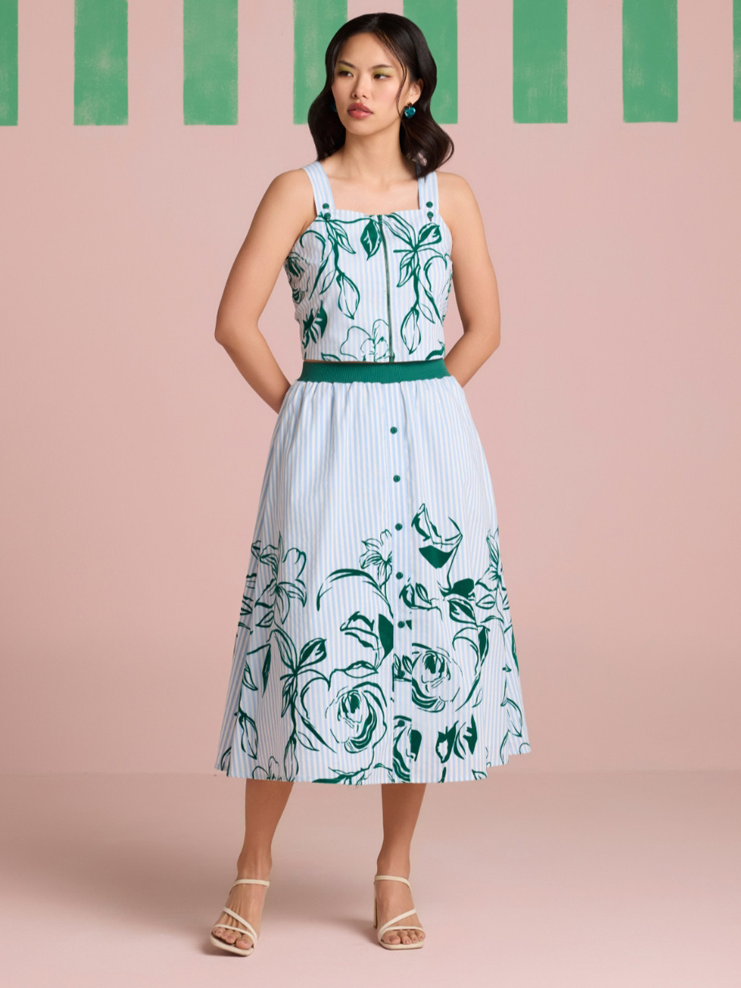 Muvazo Rosette Striped Square Neck Top With Skirt Co-Ords